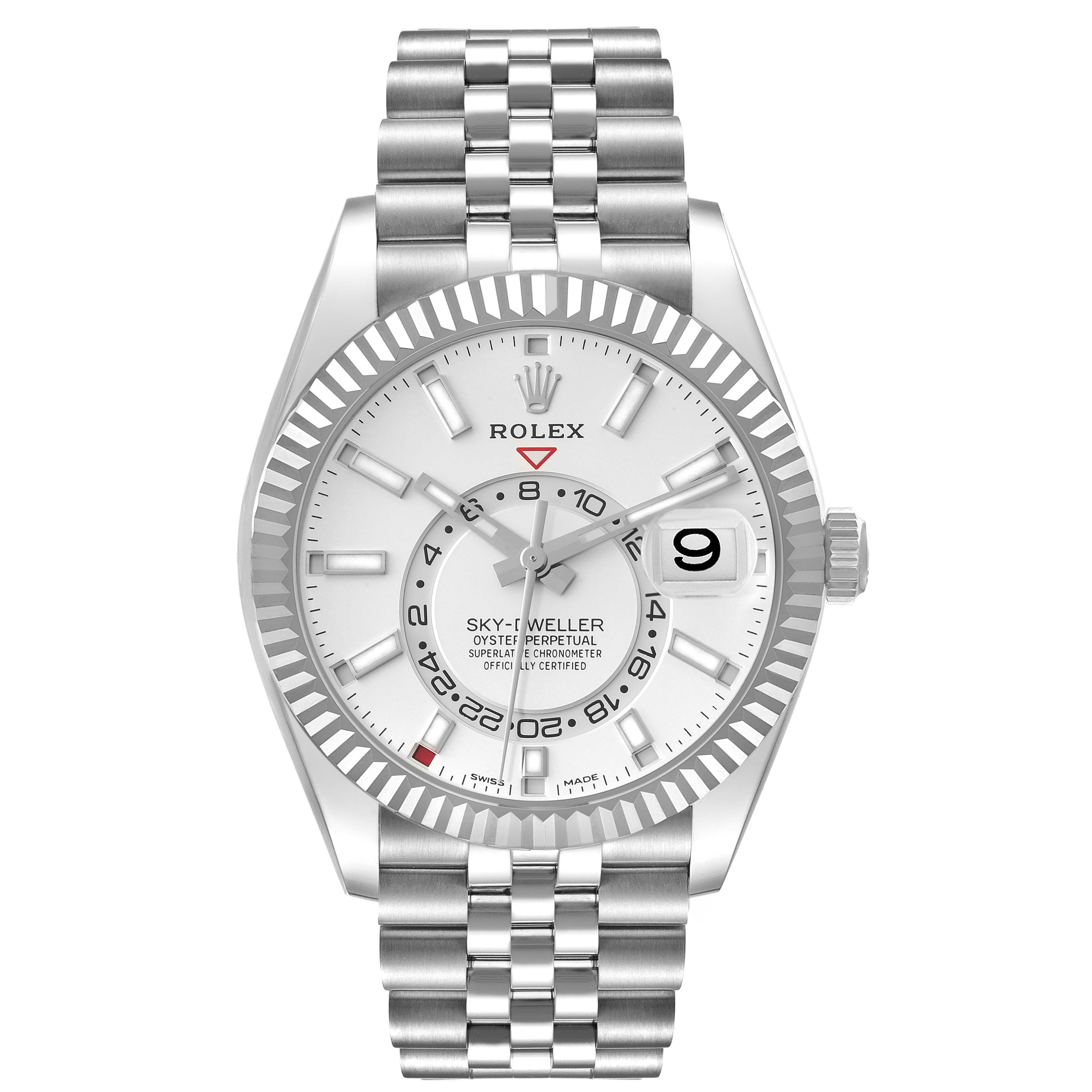 The image shows a front view of the Rolex Sky-Dweller 326934 Men's Stainless Steel White Dial 326934 Men's Stainless Steel White Dial watch, highlighting its face, bezel, and bracelet.