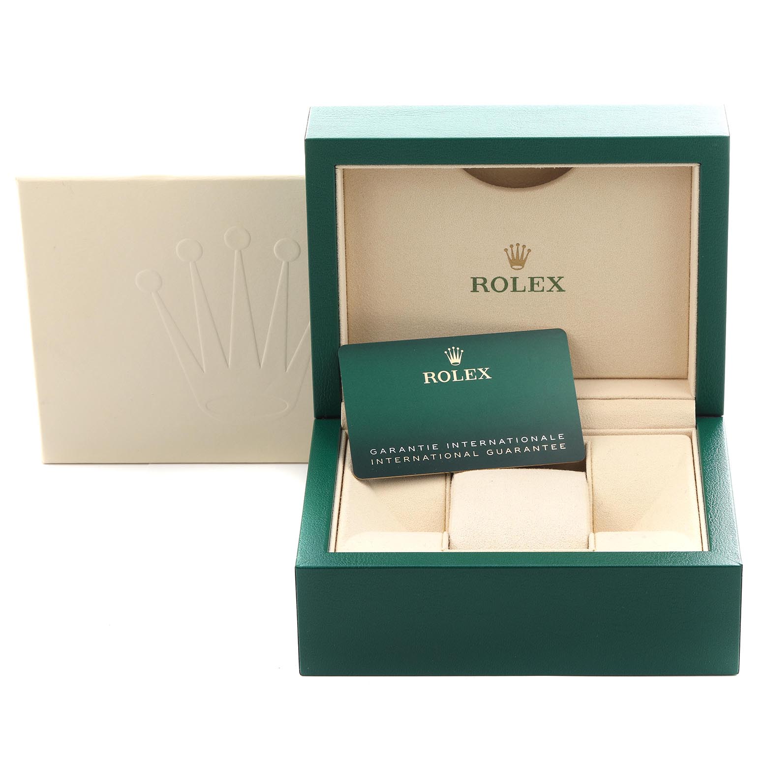The image shows a Rolex Submariner 126613 Men
s Steel and Gold (two tone) Blue Dial 126613 Men
s Steel and Gold (two tone) Blue Dial watch box viewed from the front, with an international guarantee card inside.