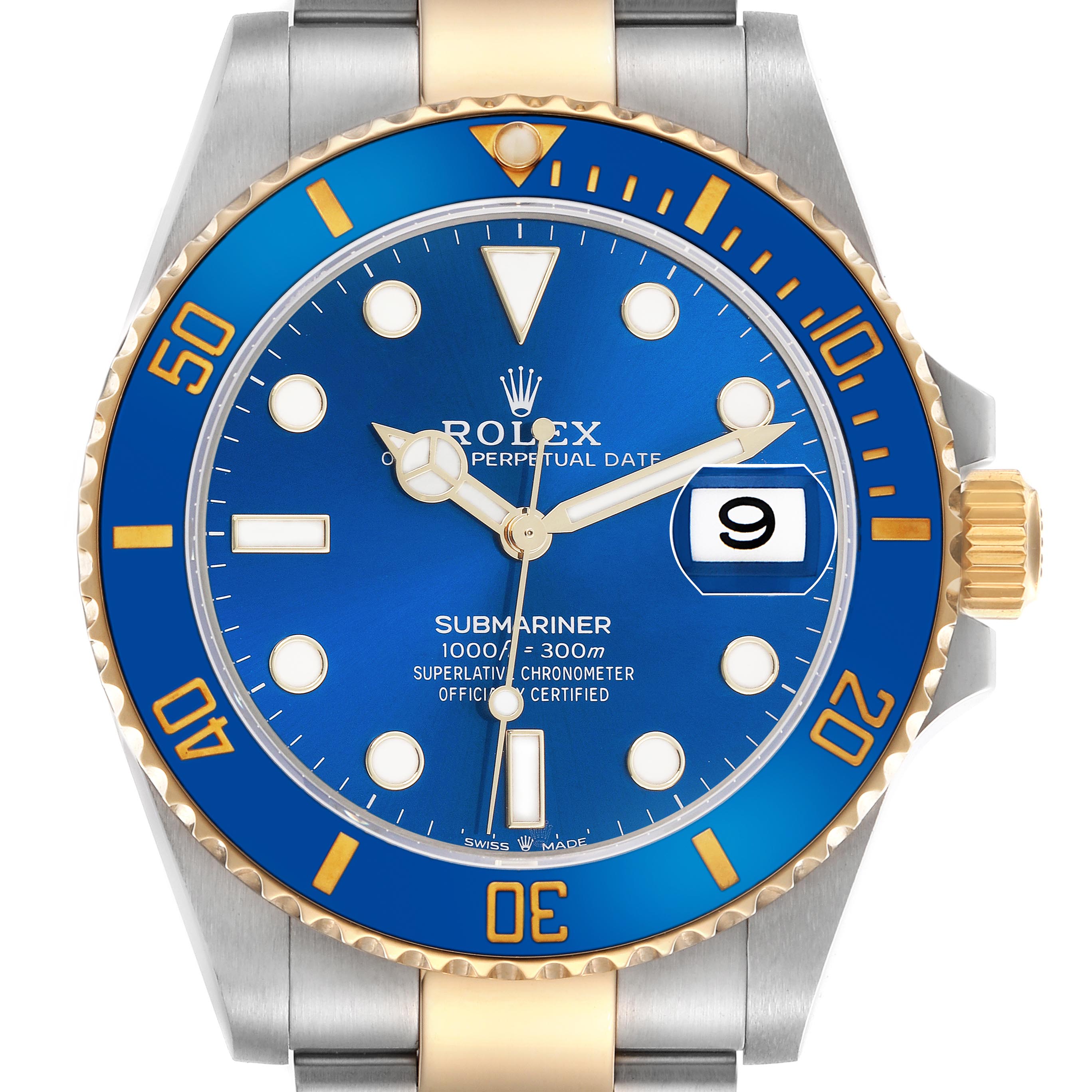 This image shows a front view of a Rolex Submariner 126613 Men
s Steel and Gold (two tone) Blue Dial 126613 Men
s Steel and Gold (two tone) Blue Dial, highlighting its blue dial, date window, and gold and silver bezel.