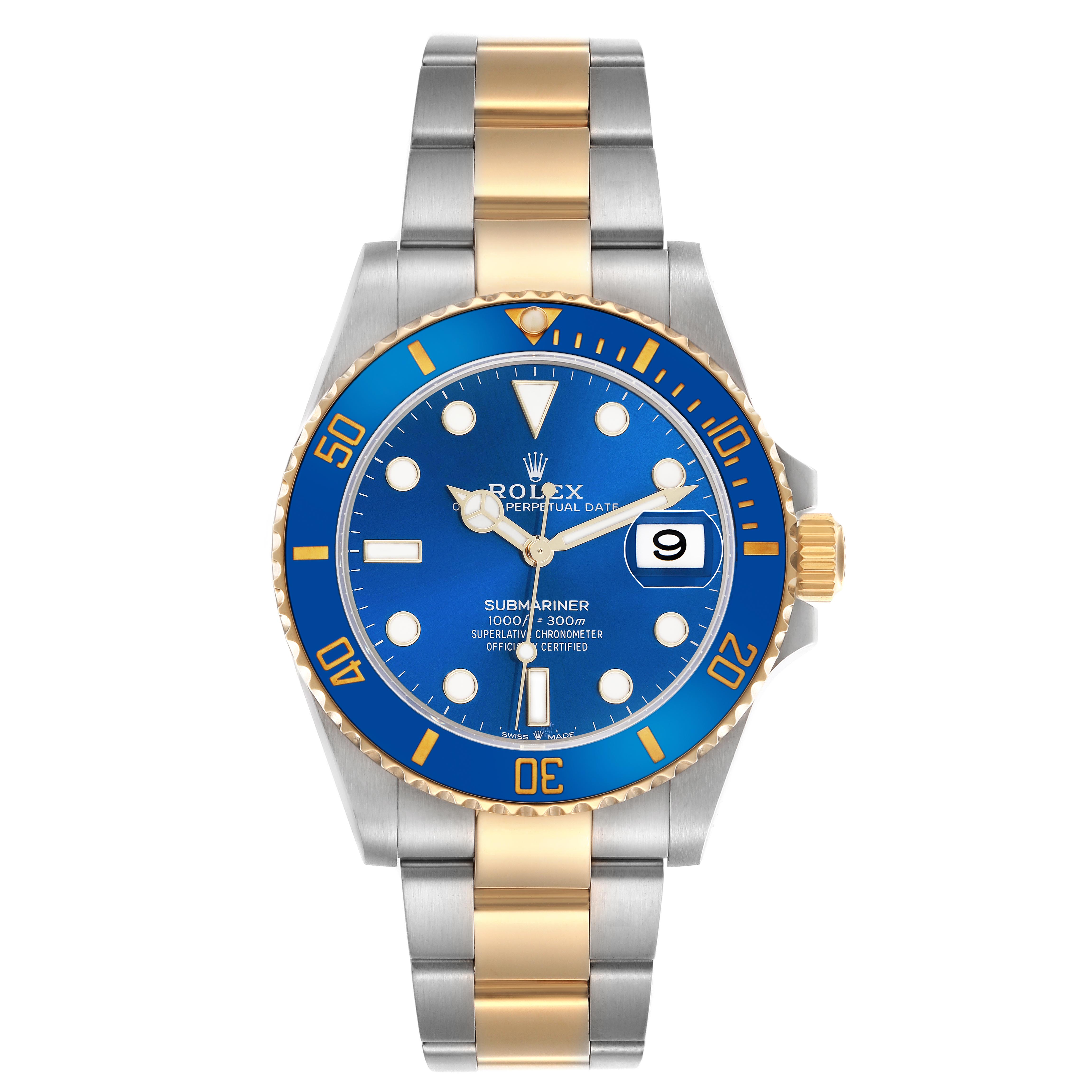 The image shows a frontal view of the Rolex Submariner 126613 Men
s Steel and Gold (two tone) Blue Dial 126613 Men
s Steel and Gold (two tone) Blue Dial watch, highlighting its dial, bezel, and bracelet.
