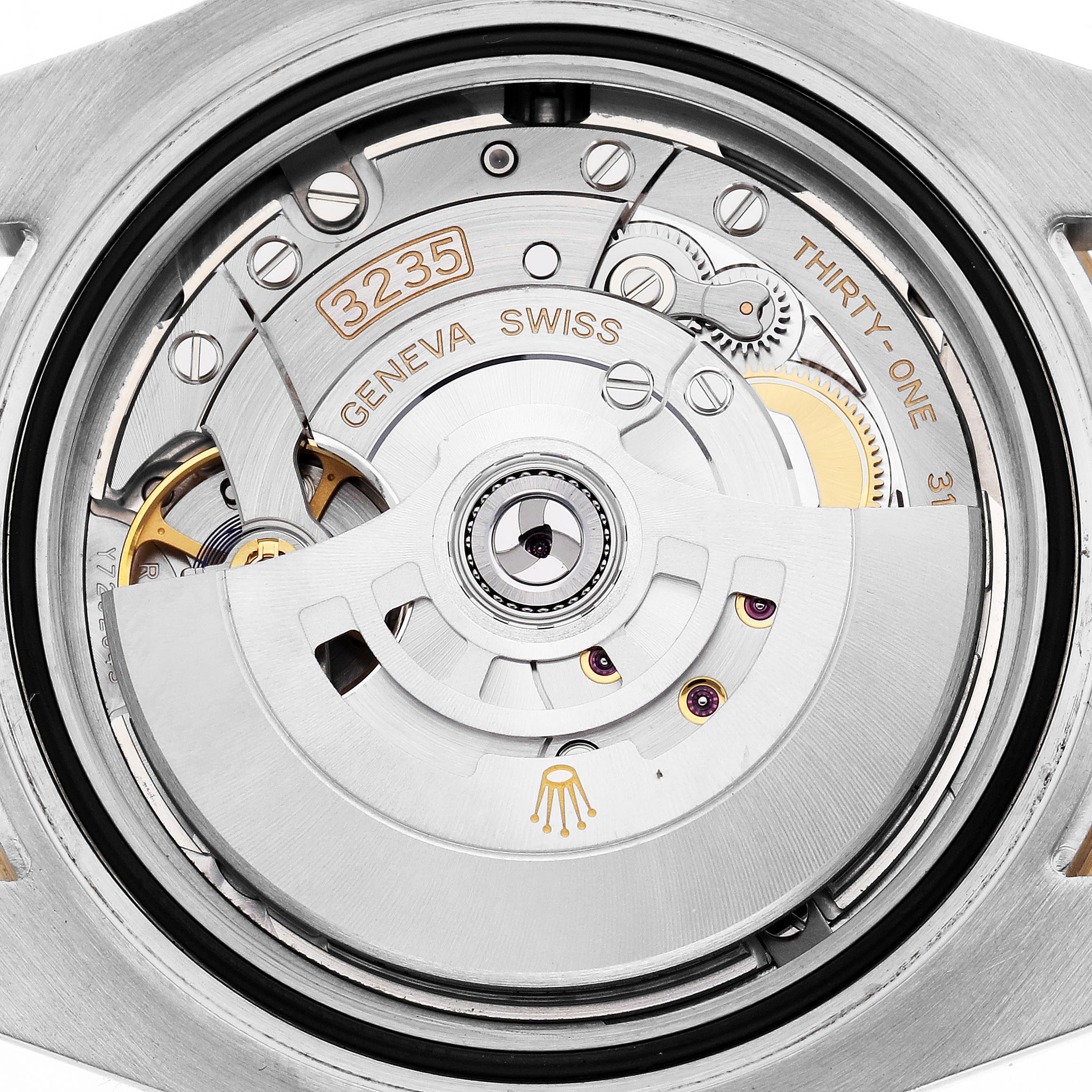 The image shows the movement mechanism of a Rolex Submariner 126613 Men
s Steel and Gold (two tone) Blue Dial 126613 Men
s Steel and Gold (two tone) Blue Dial watch from a top-down angle.