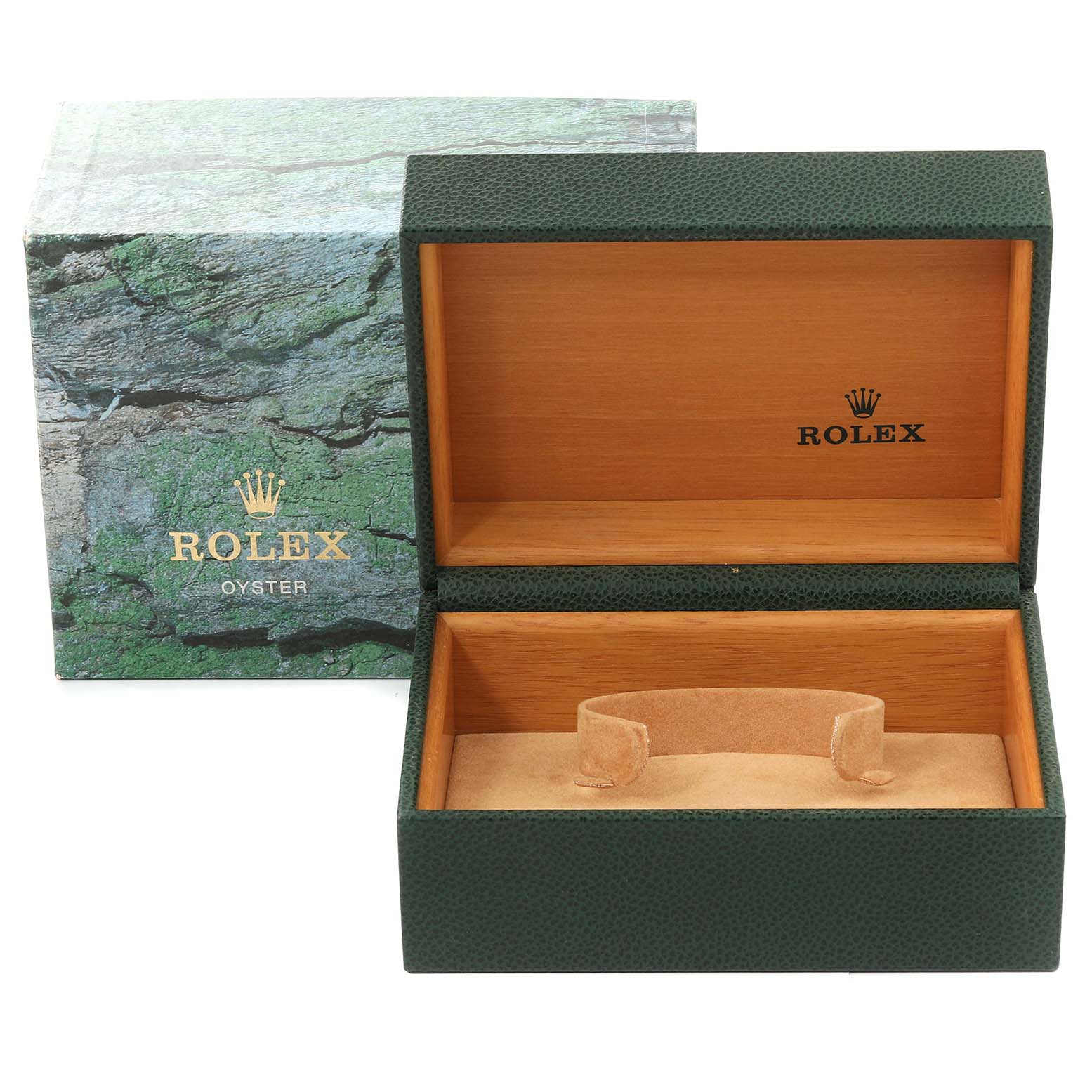 The image shows the open green Rolex watch box and packaging for a Submariner model, viewed from the front.