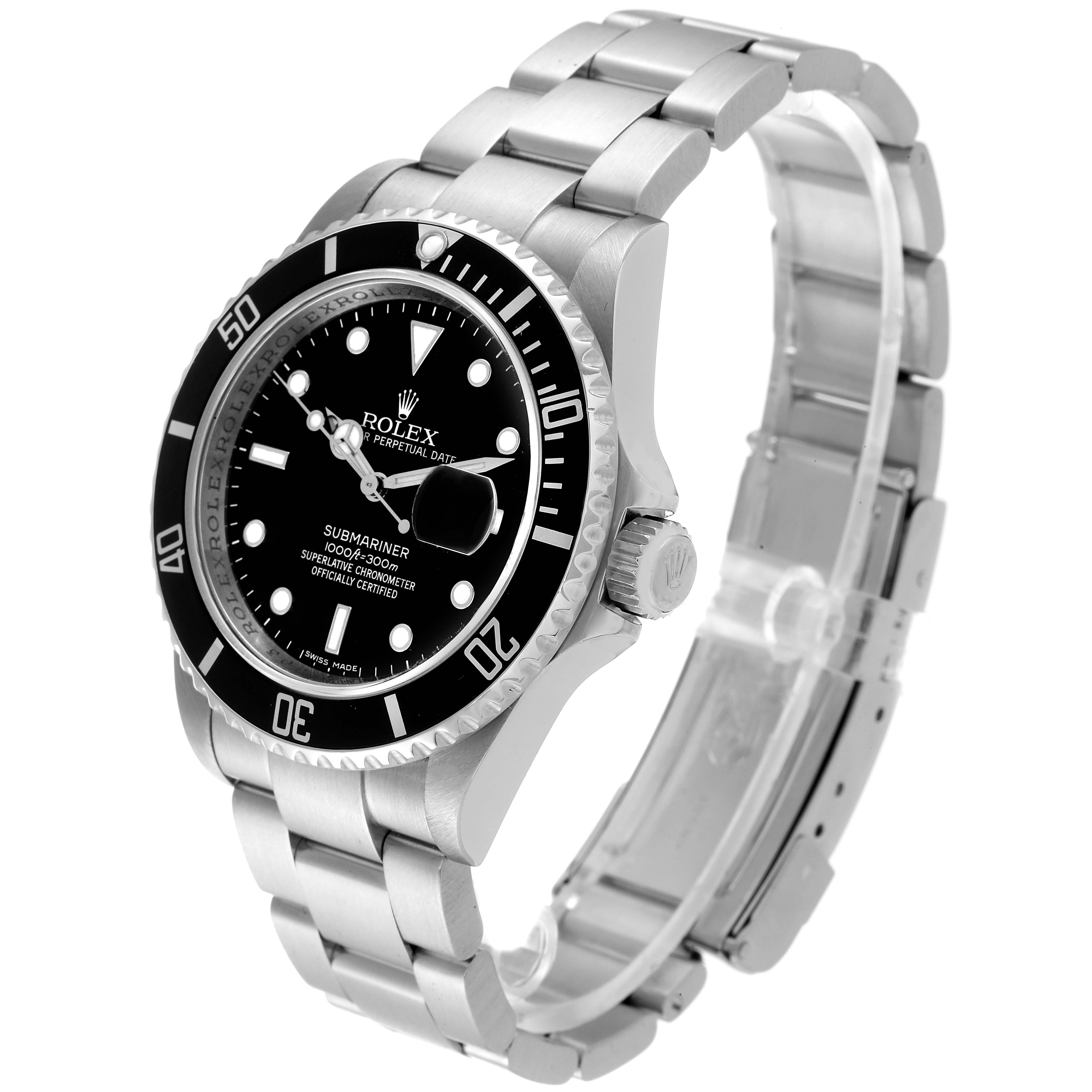 The Rolex Submariner 16610 Men's Stainless Steel Black Dial 16610 Men's Stainless Steel Black Dial watch is shown at a three-quarter angle, highlighting the bezel, crown, and metal bracelet.