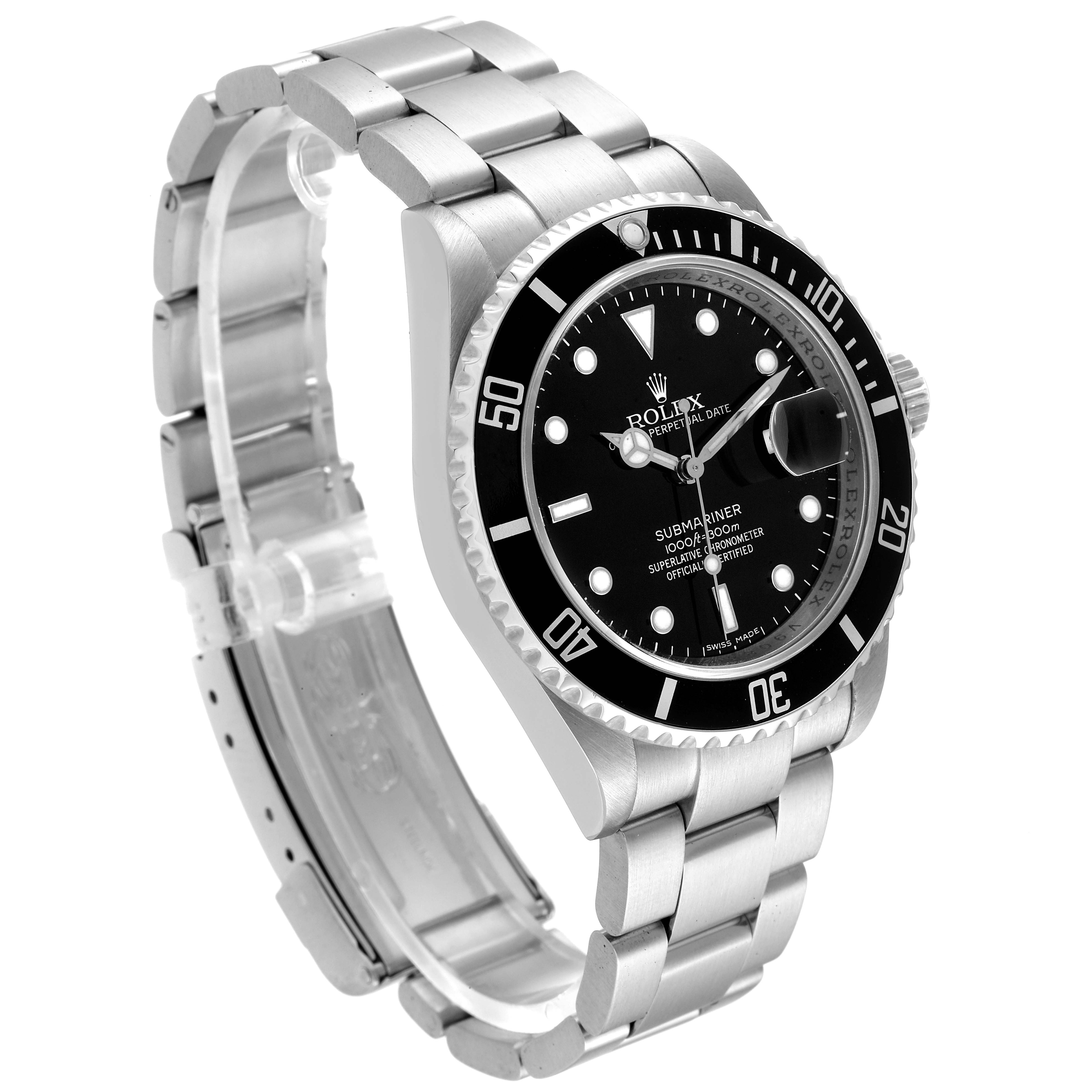 The Rolex Submariner 16610 Men's Stainless Steel Black Dial 16610 Men's Stainless Steel Black Dial watch is shown at a slight angle displaying its face, bezel, crown, and bracelet.