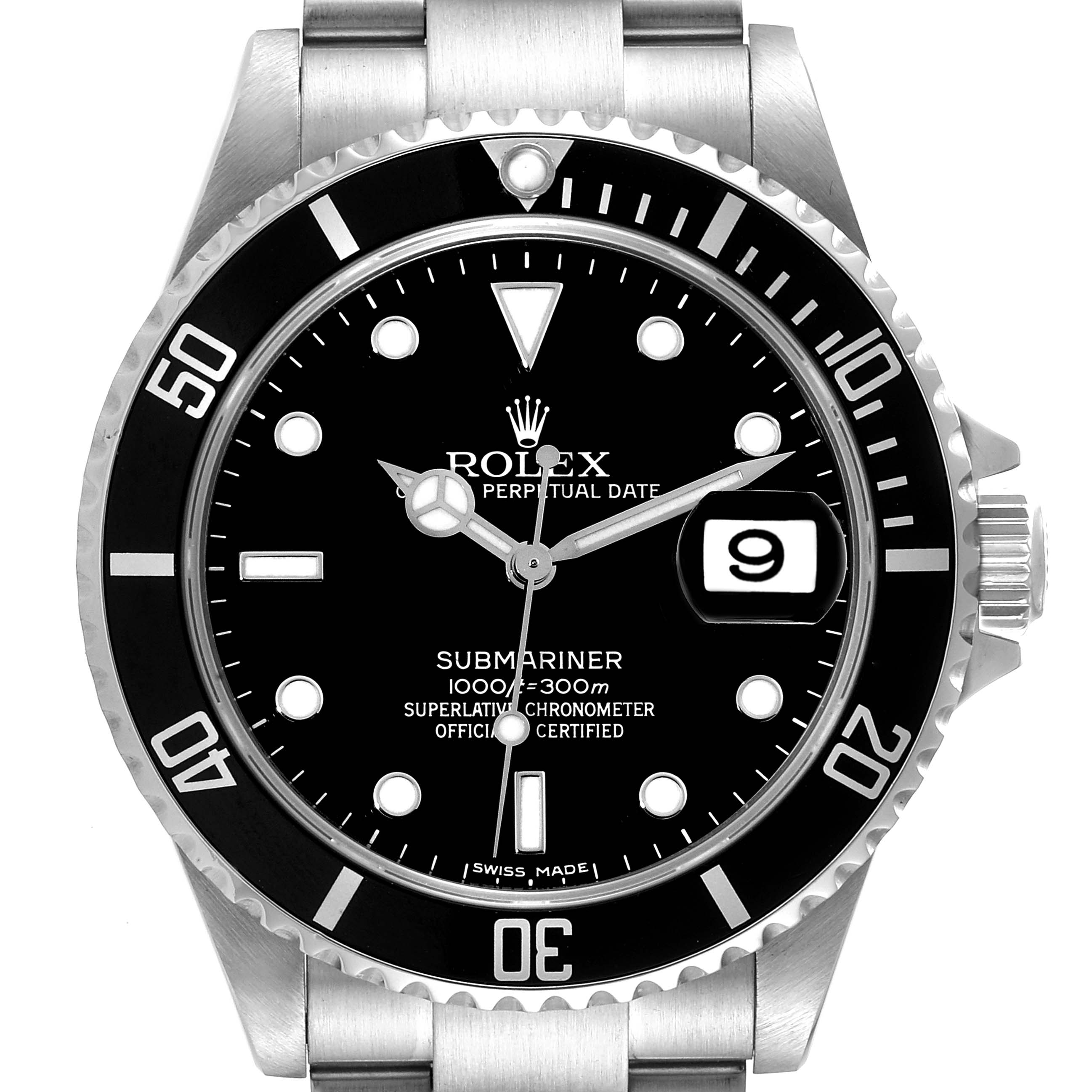 This image shows a front view of the Rolex Submariner 16610 Men's Stainless Steel Black Dial 16610 Men's Stainless Steel Black Dial watch, displaying its dial, bezel, and part of the stainless steel bracelet.