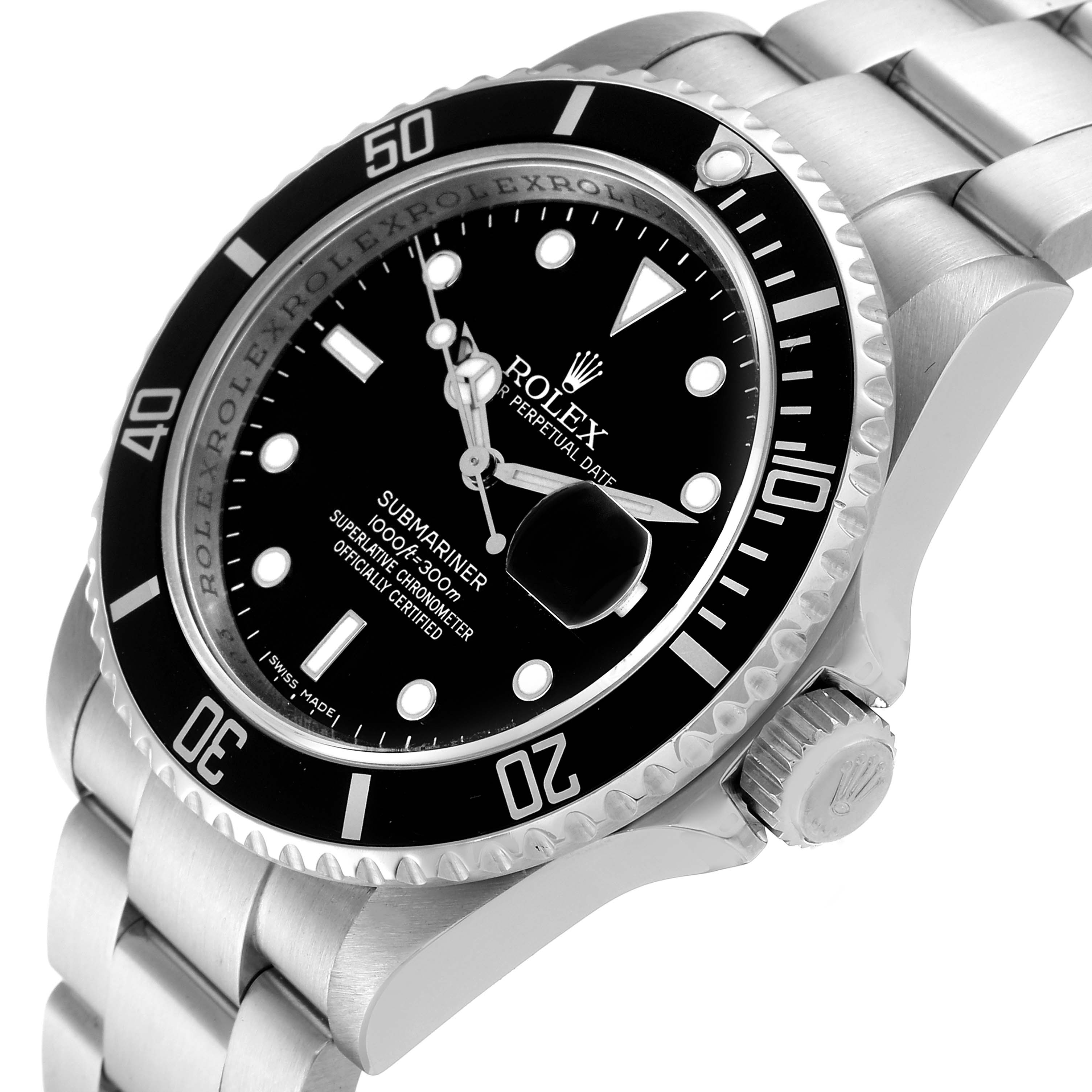 The image shows a tilted front view of a Rolex Submariner 16610 Men's Stainless Steel Black Dial 16610 Men's Stainless Steel Black Dial watch, highlighting the dial, bezel, and bracelet.
