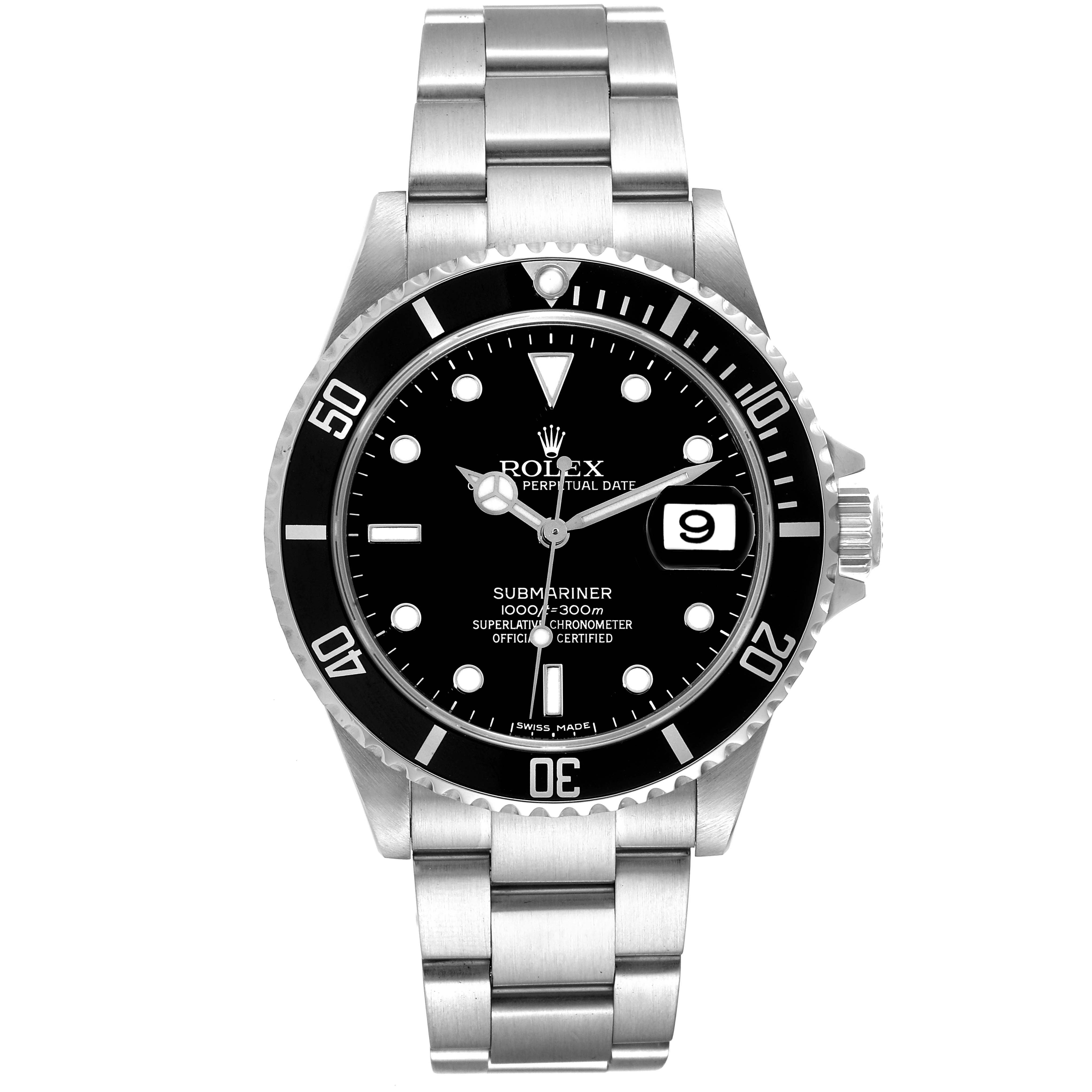 The image shows a front view of a Rolex Submariner 16610 Men's Stainless Steel Black Dial 16610 Men's Stainless Steel Black Dial watch, displaying its bezel, dial, hands, bracelet, and date window.