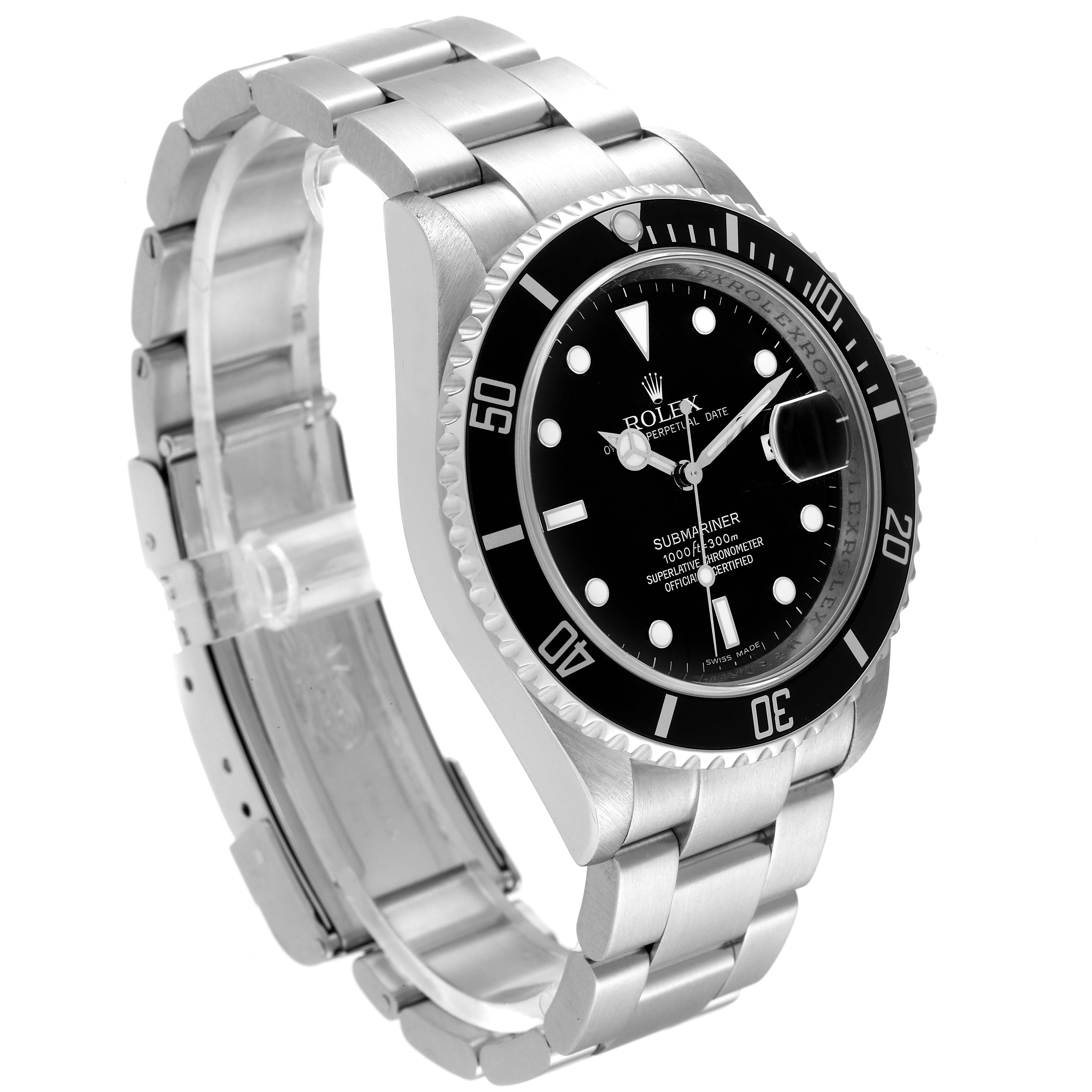 The image shows a Rolex Submariner 16610 Men
s Stainless Steel Black Dial 16610 Men
s Stainless Steel Black Dial watch angled to display its face, bezel, crown, and bracelet clearly.