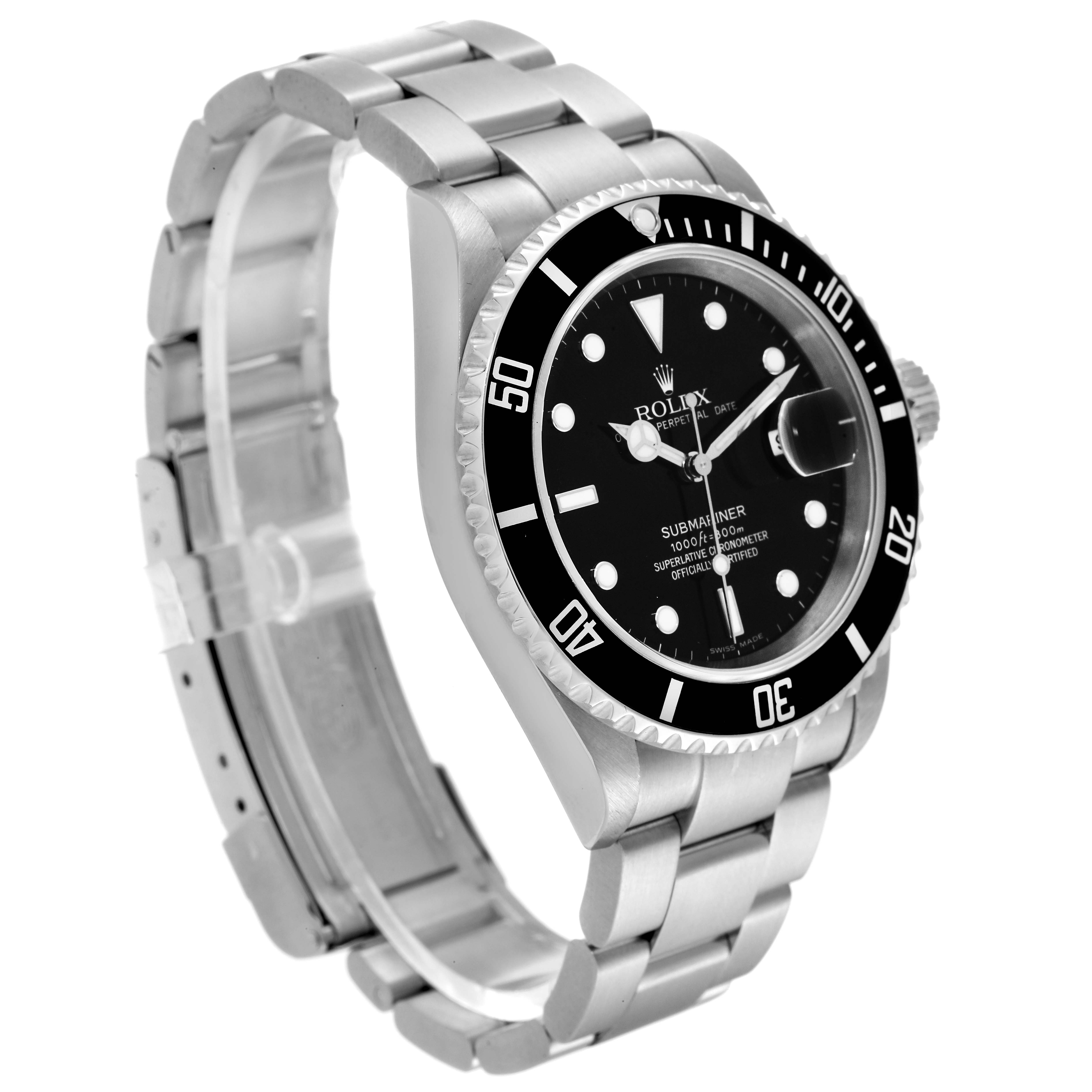 The image shows a side view of a Rolex Submariner 16610 Men's Stainless Steel Black Dial 16610 Men's Stainless Steel Black Dial watch, displaying its face, bezel, bracelet, and crown.