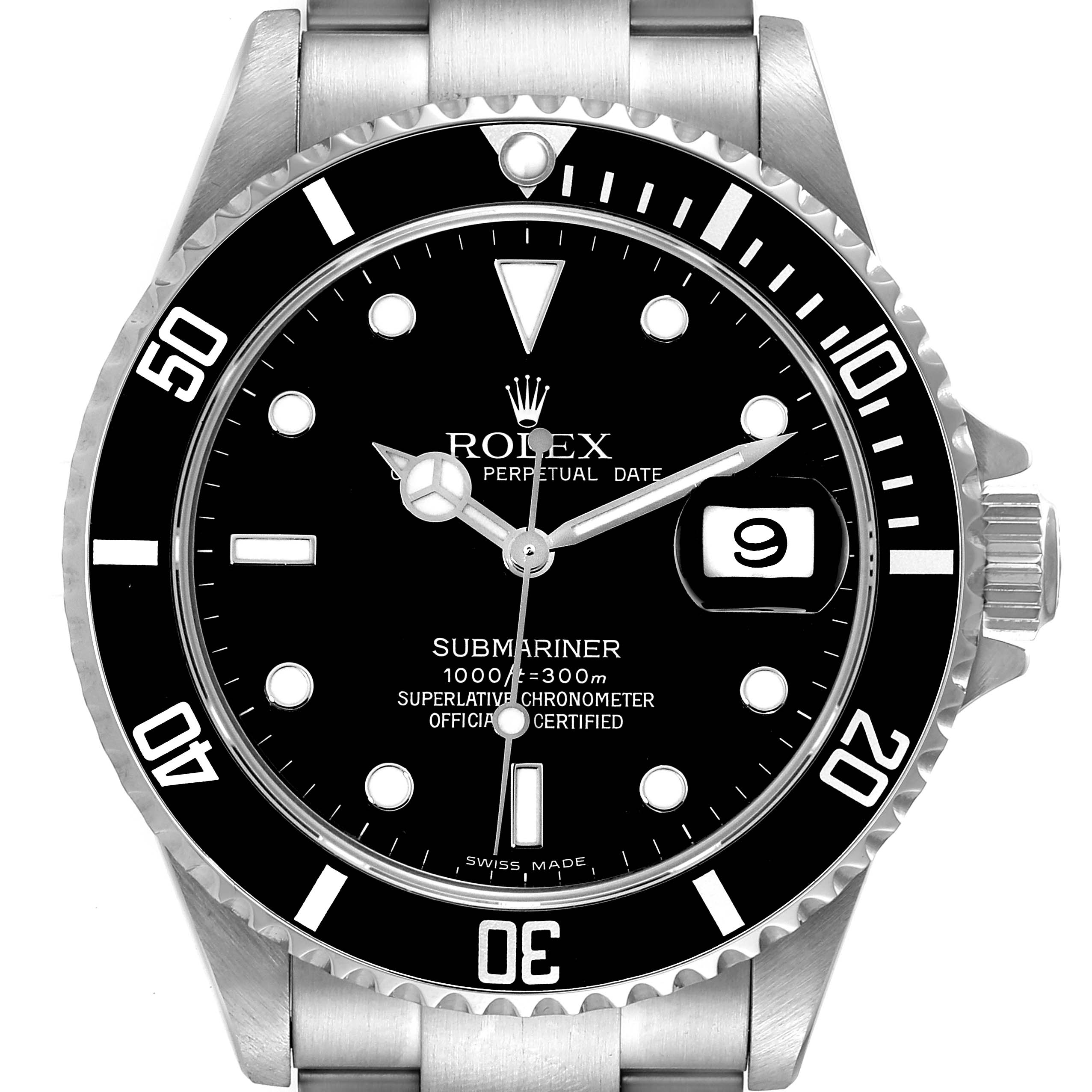 This is a front view image of the Rolex Submariner 16610 Men's Stainless Steel Black Dial 16610 Men's Stainless Steel Black Dial watch, showing the dial, bezel, and part of the bracelet.