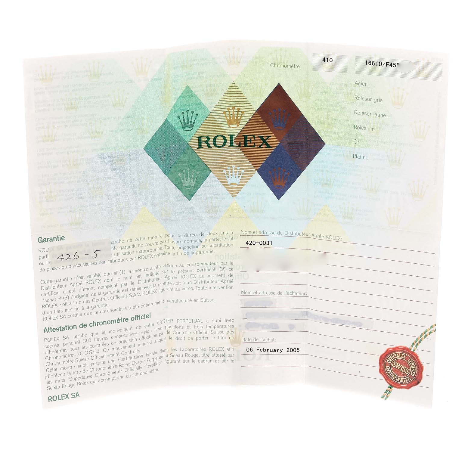 This image shows the warranty certificate for a Rolex Submariner 16610 Men's Stainless Steel Black Dial 16610 Men's Stainless Steel Black Dial watch.