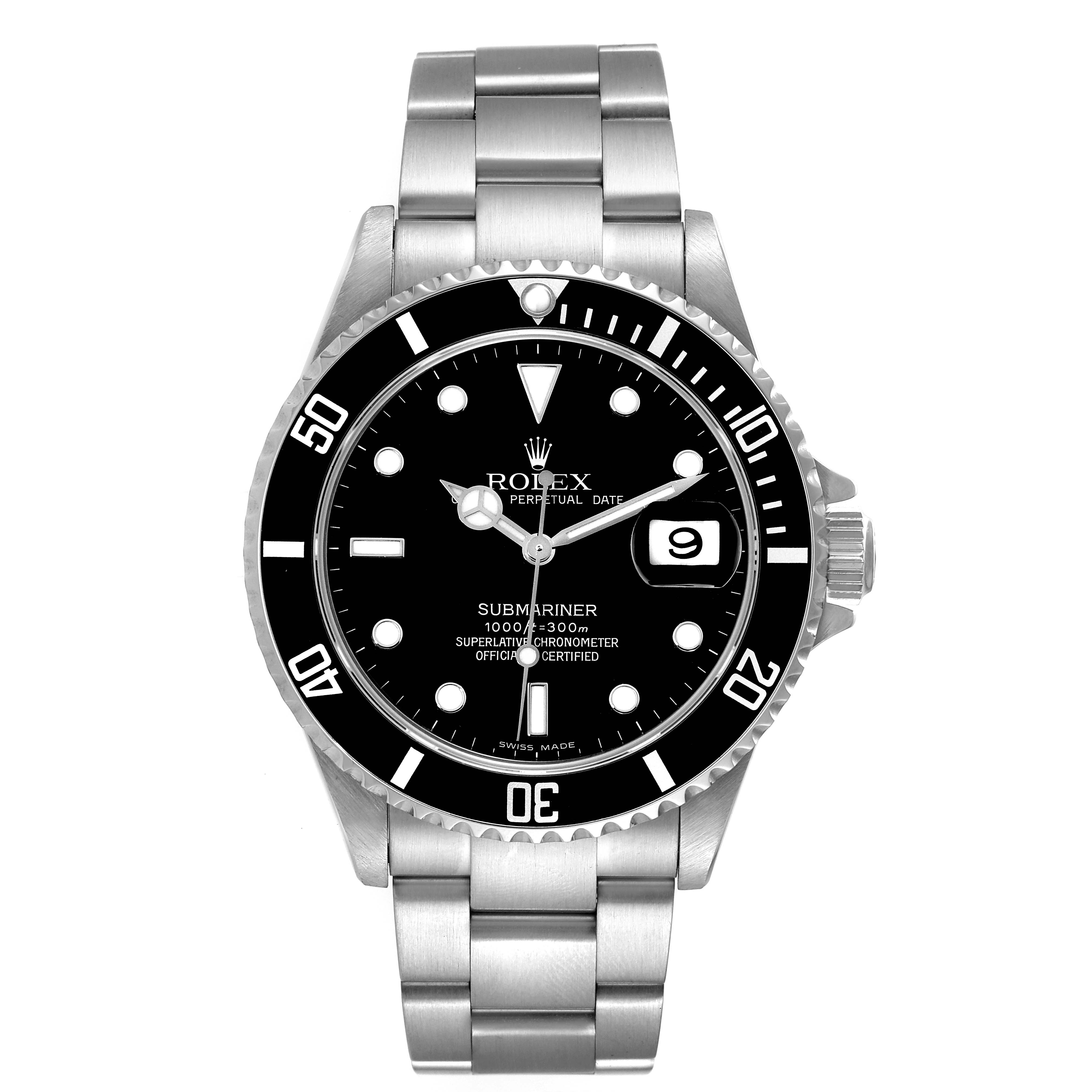 This image shows a front view of a Rolex Submariner 16610 Men's Stainless Steel Black Dial 16610 Men's Stainless Steel Black Dial watch, displaying the dial, bezel, and bracelet.