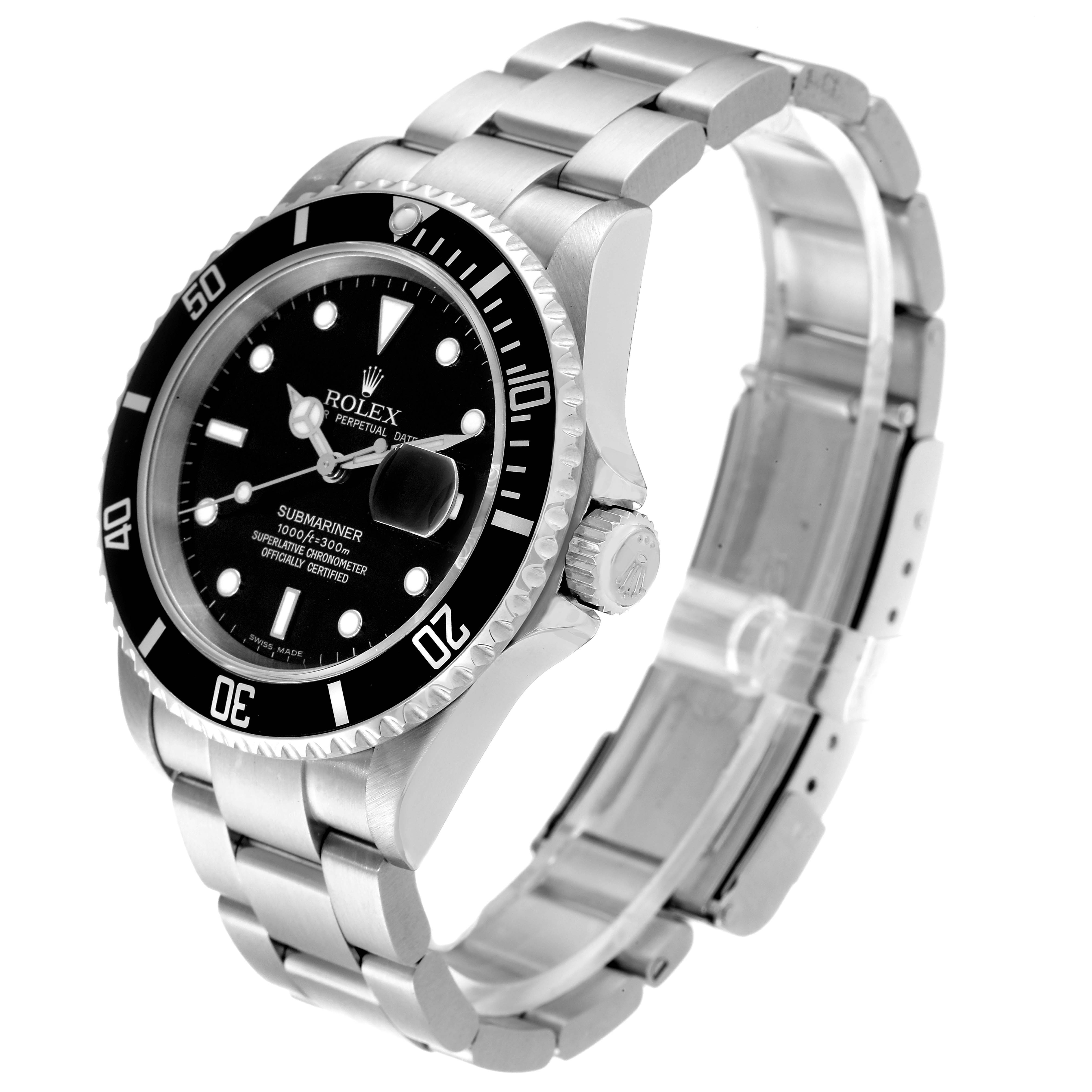 This image shows a side and angled view of a Rolex Submariner 16610 Men's Stainless Steel Black Dial 16610 Men's Stainless Steel Black Dial, highlighting its bezel, dial, crown, and bracelet.