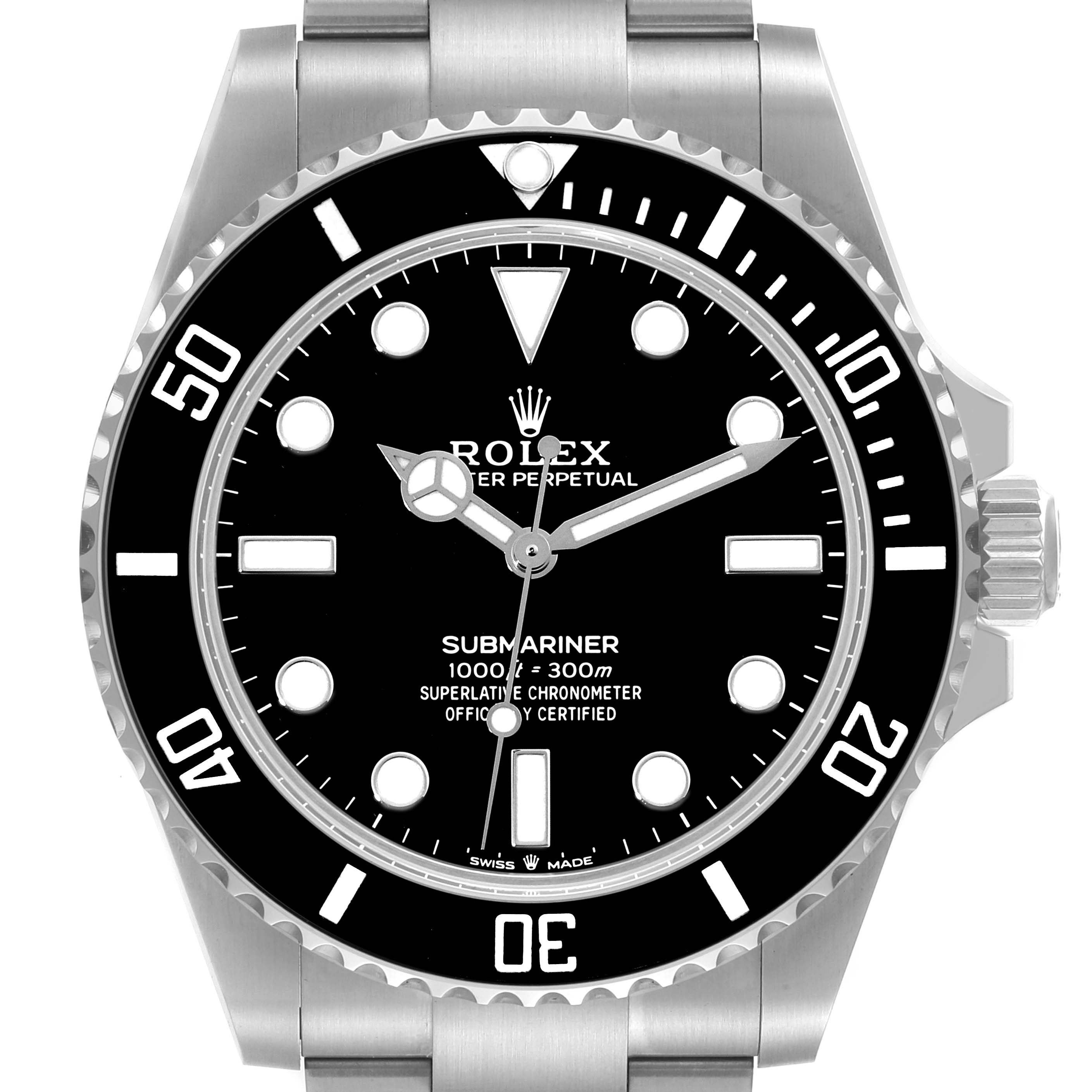 The image shows a frontal view of the Rolex Submariner 124060 Men
s Stainless Steel Black Dial 124060 Men
s Stainless Steel Black Dial watch, highlighting its dial, bezel, hands, and part of the bracelet.