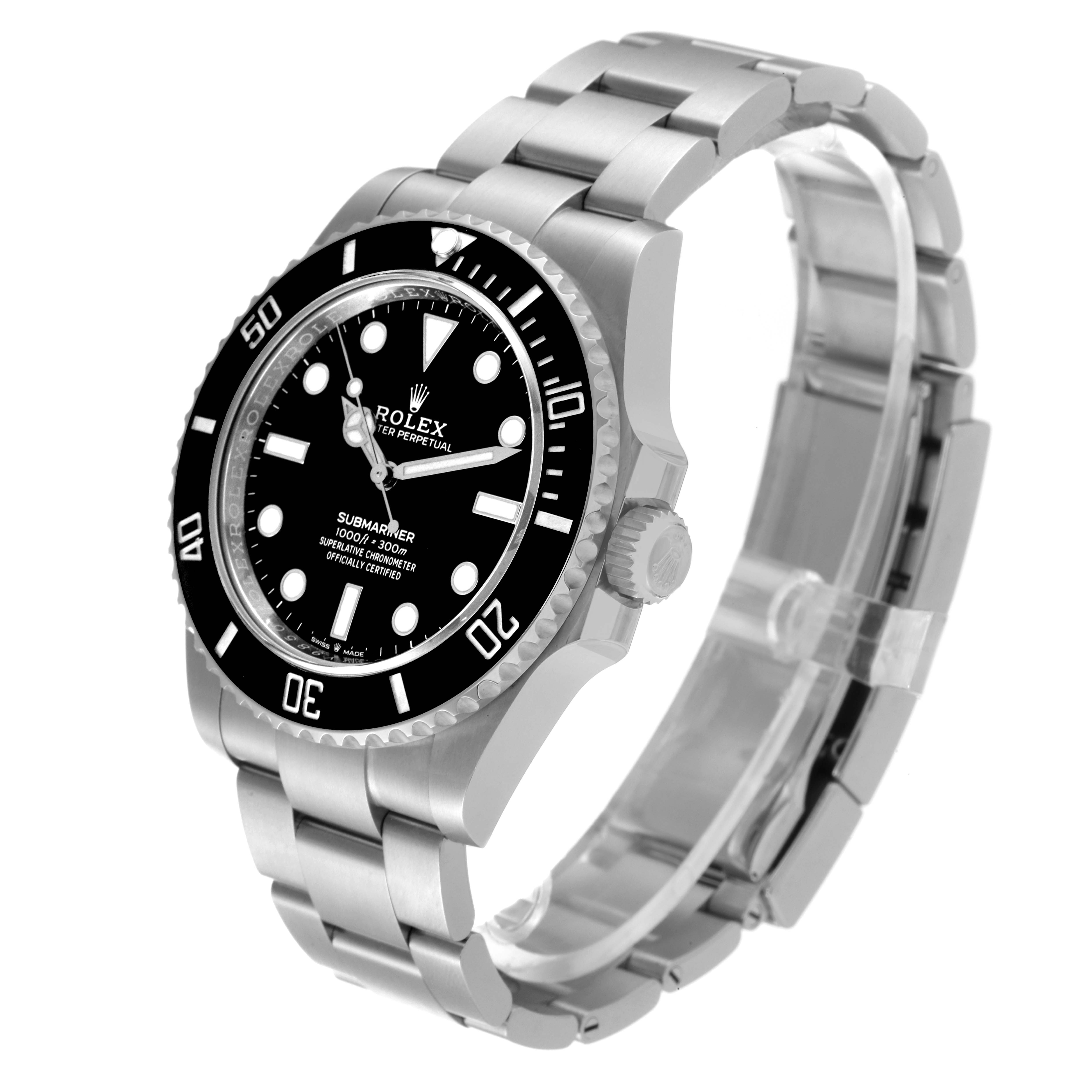 The image shows a side and front angle view of a Rolex Submariner 124060 Men
s Stainless Steel Black Dial 124060 Men
s Stainless Steel Black Dial watch, displaying its dial, bezel, and bracelet.