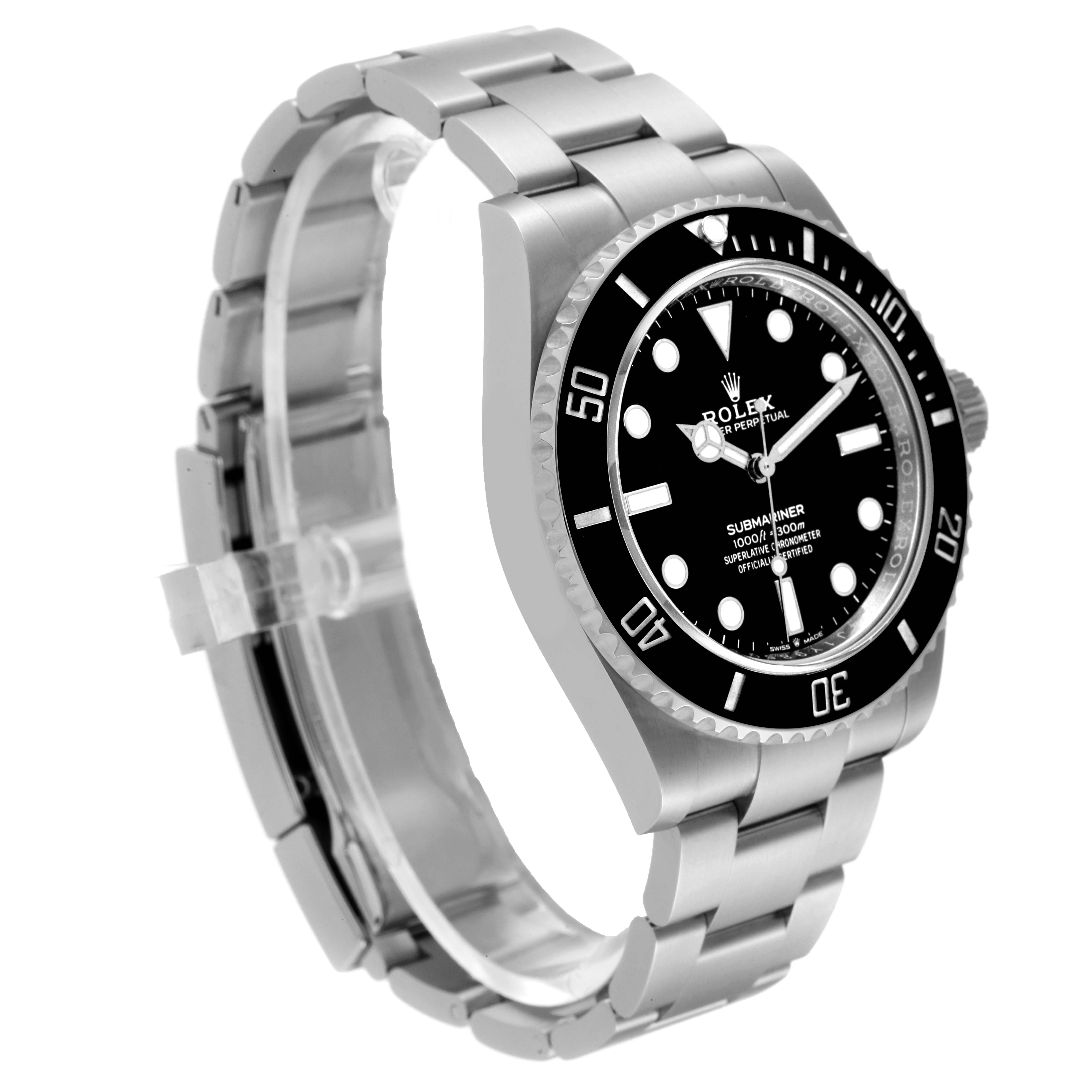 The image shows a Rolex Submariner 124060 Men
s Stainless Steel Black Dial 124060 Men
s Stainless Steel Black Dial watch at a three-quarter angle, highlighting its face, bezel, and stainless steel bracelet.