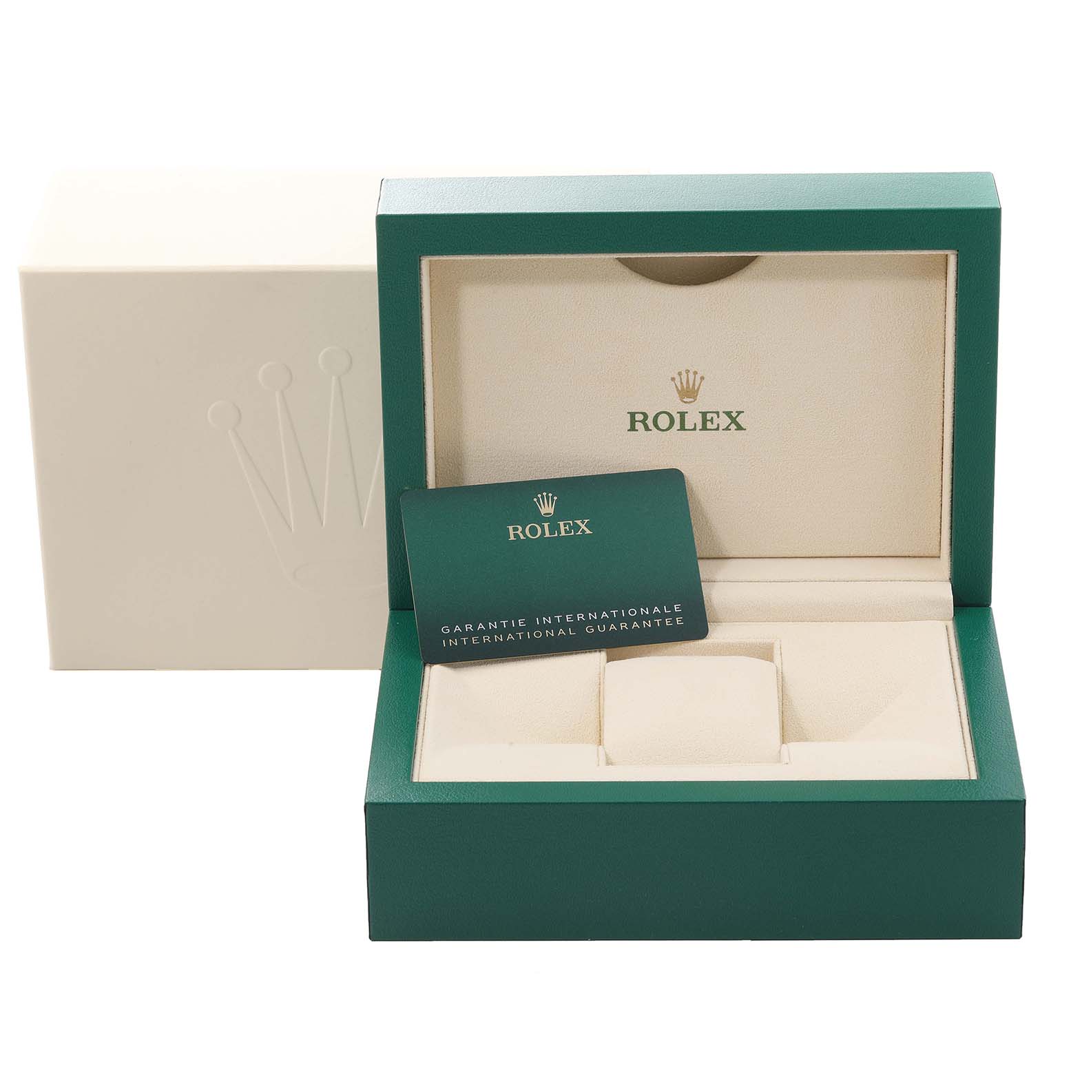 The image shows a Rolex Submariner 124060 Men
s Stainless Steel Black Dial 124060 Men
s Stainless Steel Black Dial model watch box and warranty card from a frontal angle.