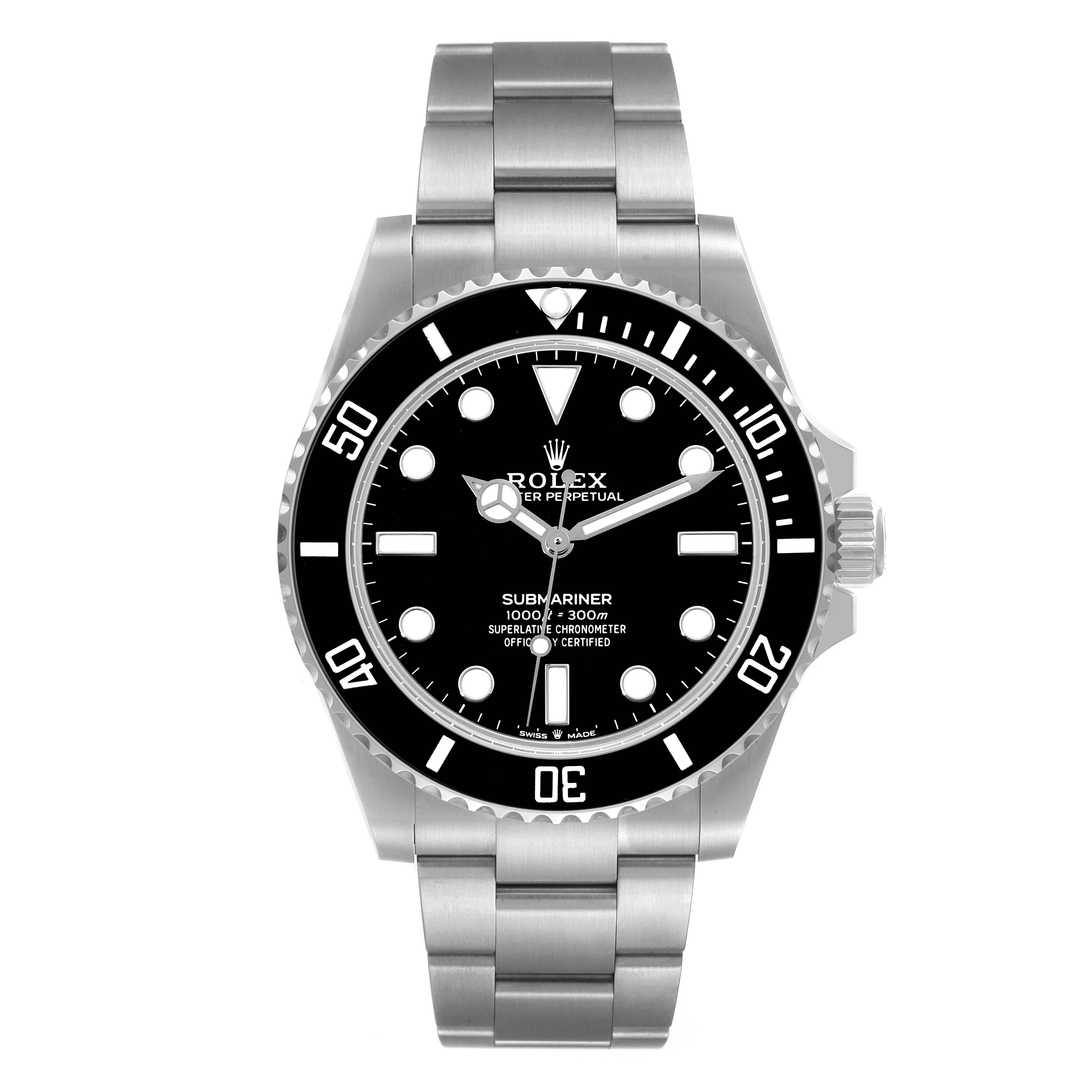 This image shows a front view of a Rolex Submariner 124060 Men
s Stainless Steel Black Dial 124060 Men
s Stainless Steel Black Dial watch, displaying the dial, bezel, crown, and bracelet.
