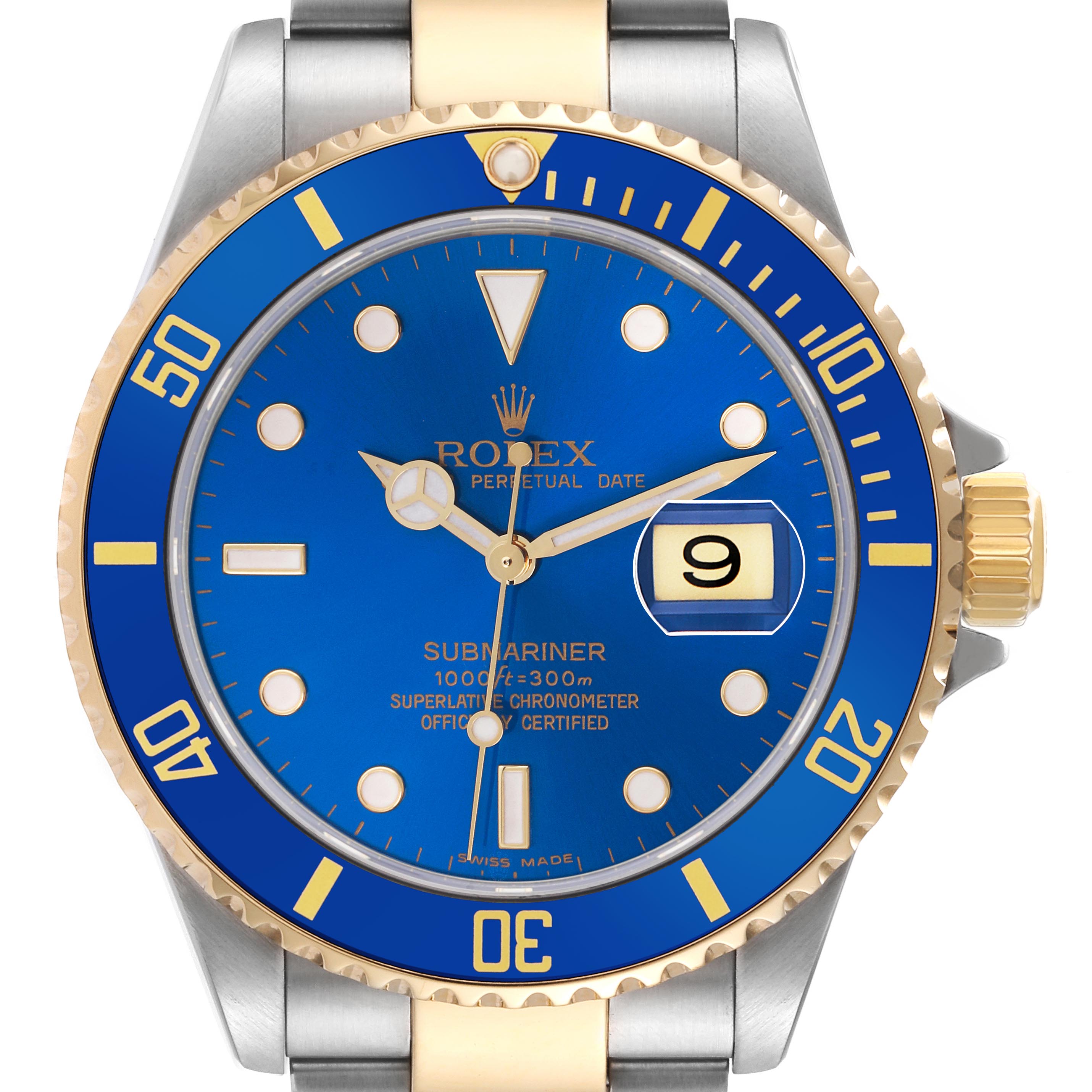 The Rolex Submariner 16613 Men
s Steel and Gold (two tone) Blue Dial 16613 Men
s Steel and Gold (two tone) Blue Dial watch is shown front-facing, displaying the dial, bezel, and crown.