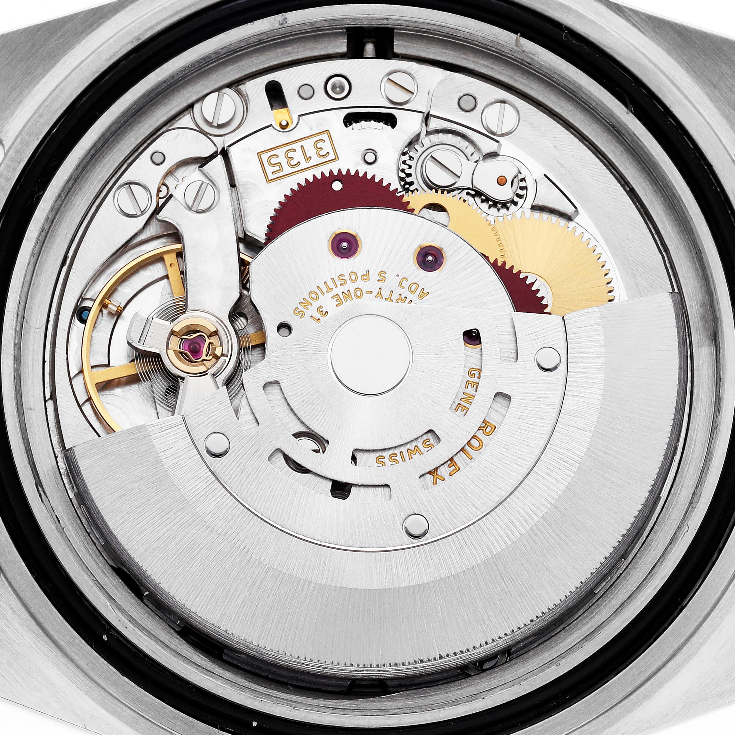 The image shows the movement mechanism of a Rolex Submariner 16613 Men
s Steel and Gold (two tone) Blue Dial 16613 Men
s Steel and Gold (two tone) Blue Dial watch from the back, displaying gears and internal components.