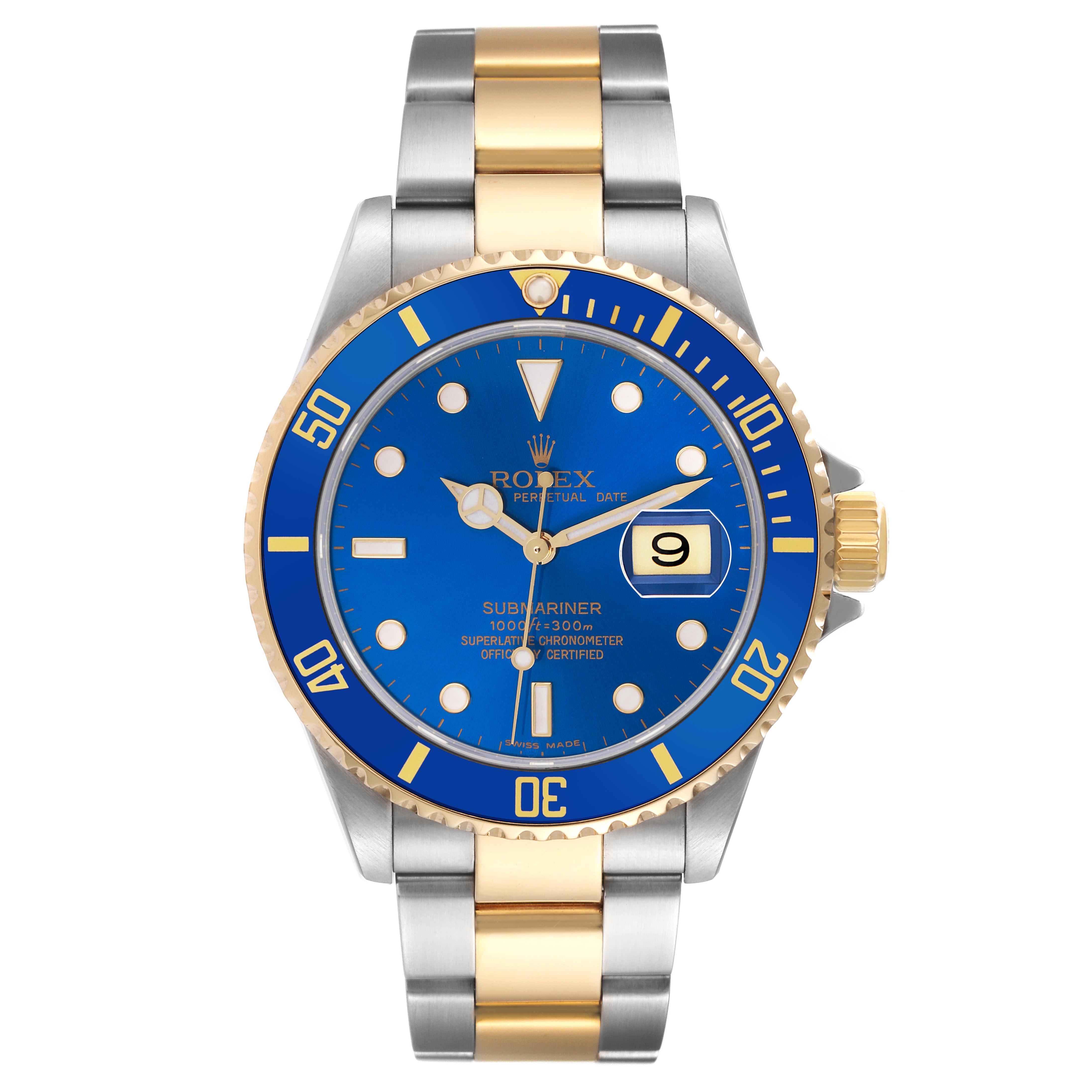 The Rolex Submariner 16613 Men
s Steel and Gold (two tone) Blue Dial 16613 Men
s Steel and Gold (two tone) Blue Dial is shown from a front view, displaying the dial, bezel, crown, and bracelet.