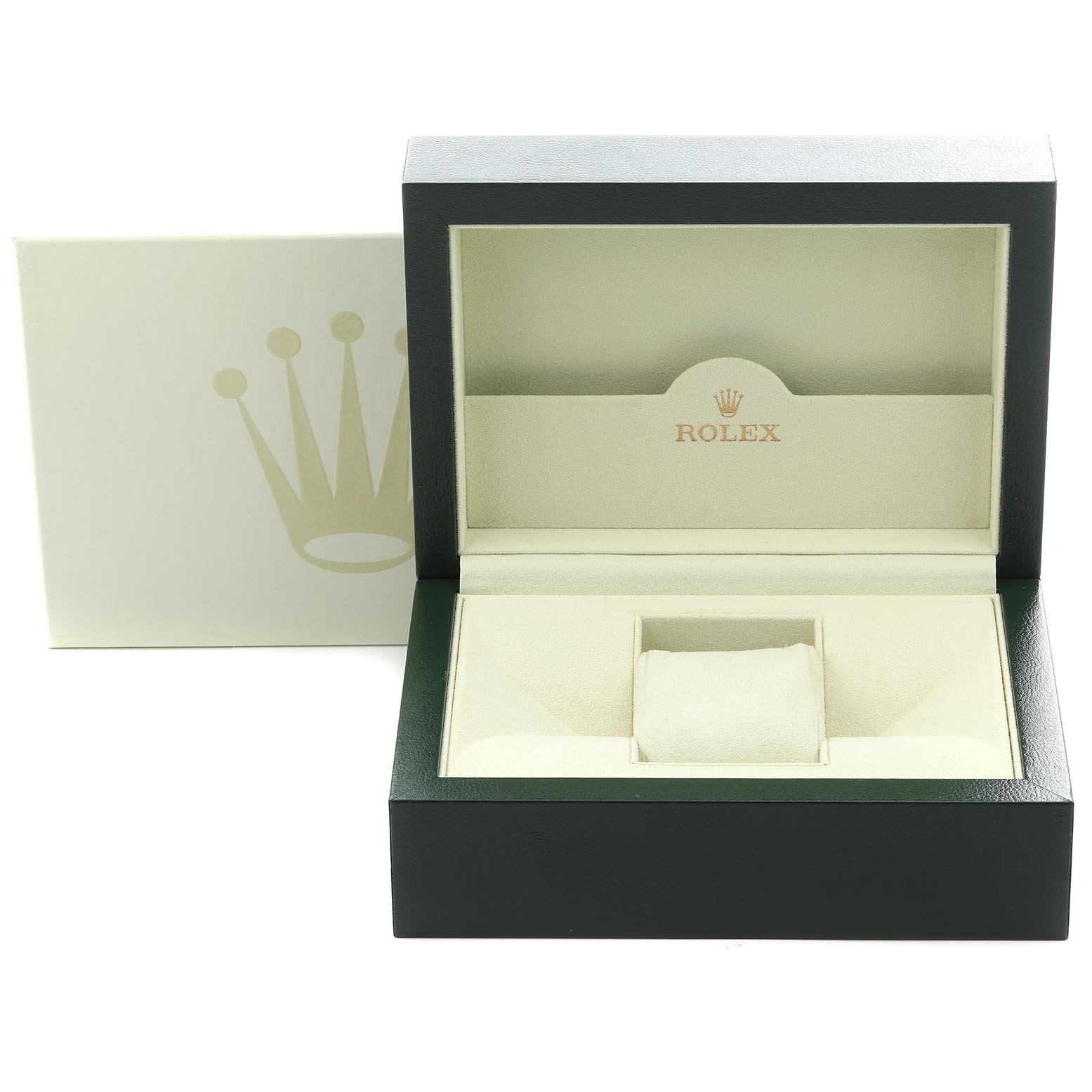 The image shows an open watch box for a Rolex Submariner 16613 Men
s Steel and Gold (two tone) Blue Dial 16613 Men
s Steel and Gold (two tone) Blue Dial, revealing the interior with a cushion and brand logo.