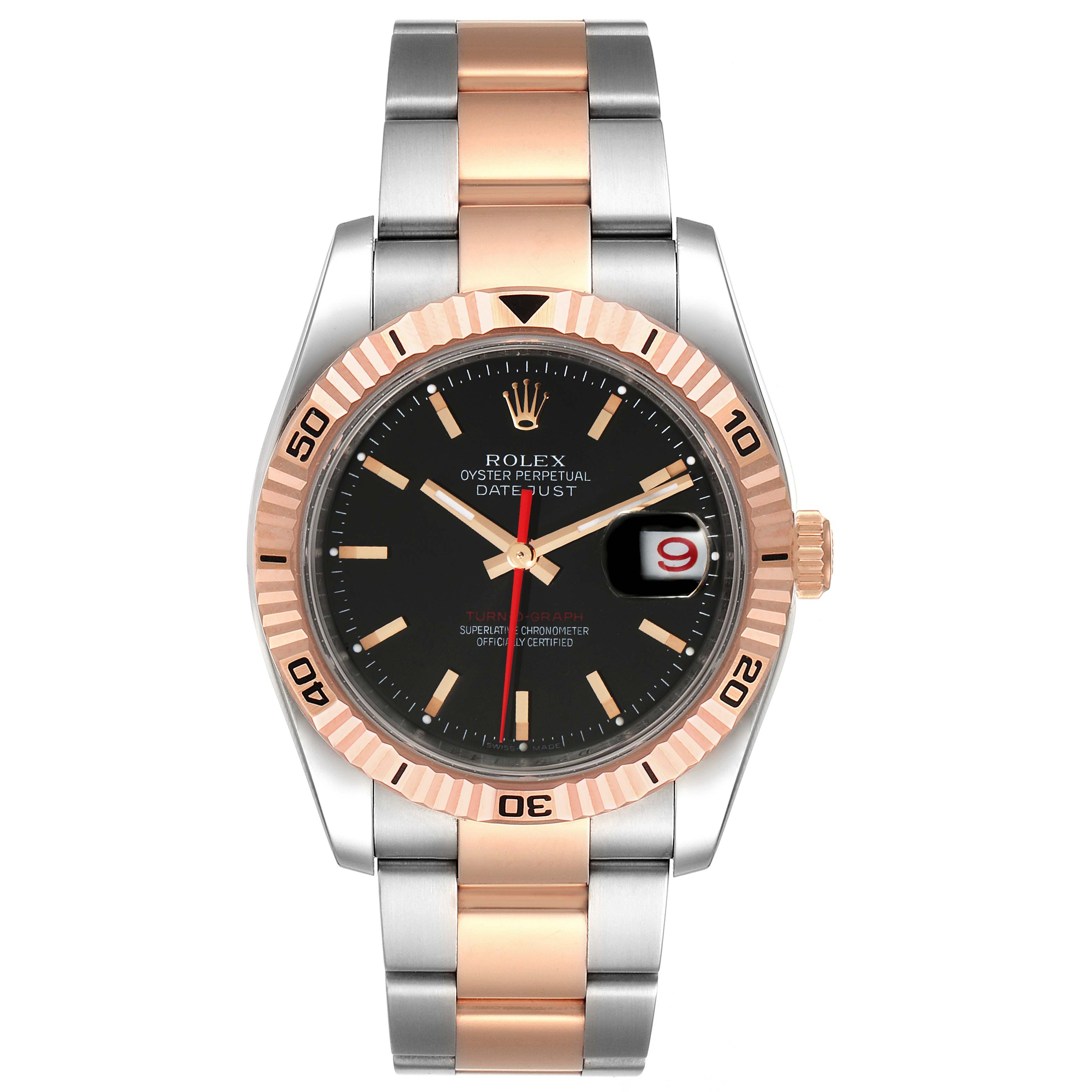 The image shows a front view of a Rolex Turn-o-Graph 116261 Men's Steel and Gold (two tone) Black Dial 116261 Men's Steel and Gold (two tone) Black Dial watch with its detailed face, bezel, and two-tone bracelet.
