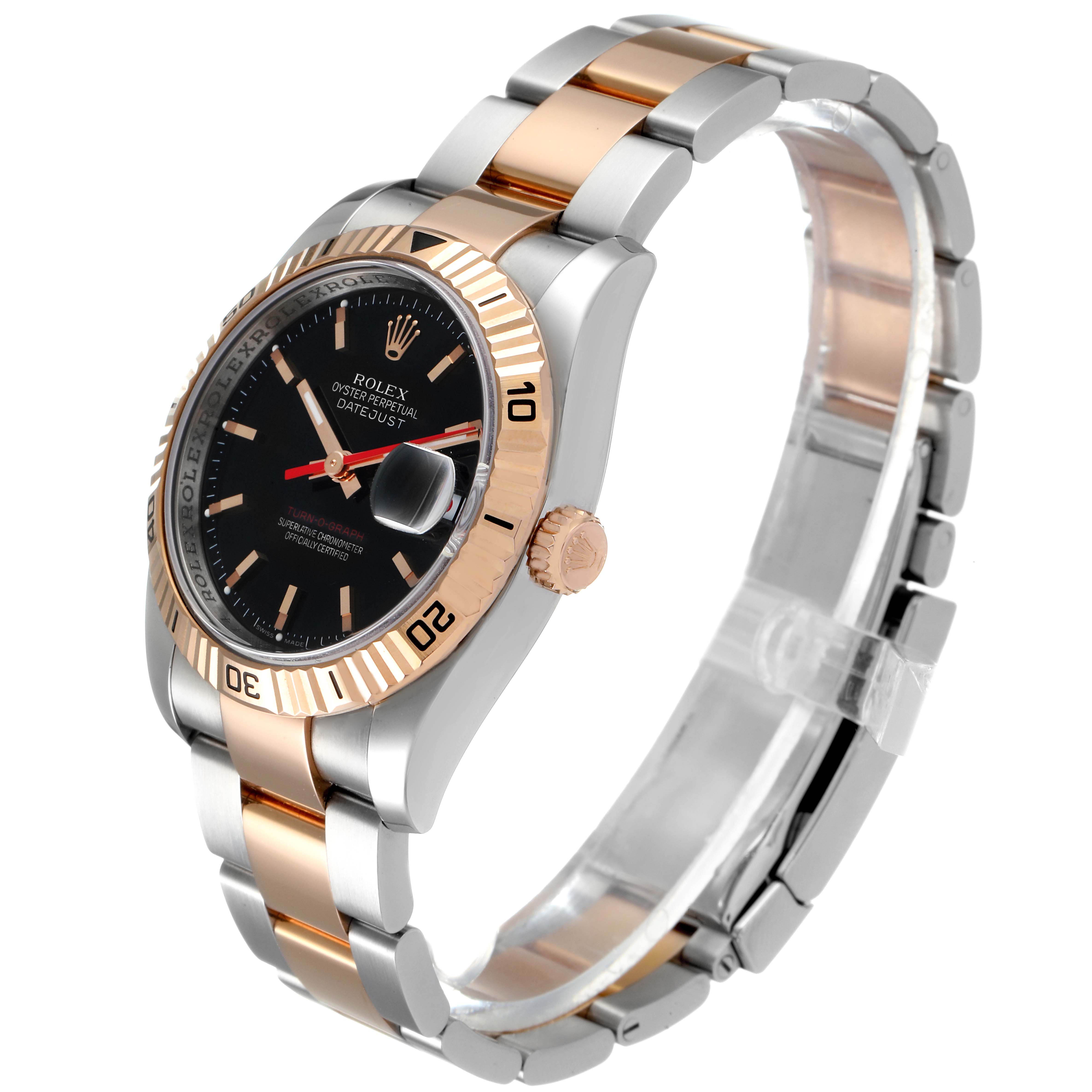 The image shows a side and top-angle view of a Rolex Turn-o-Graph 116261 Men's Steel and Gold (two tone) Black Dial 116261 Men's Steel and Gold (two tone) Black Dial watch with a two-tone metal bracelet and a black dial.