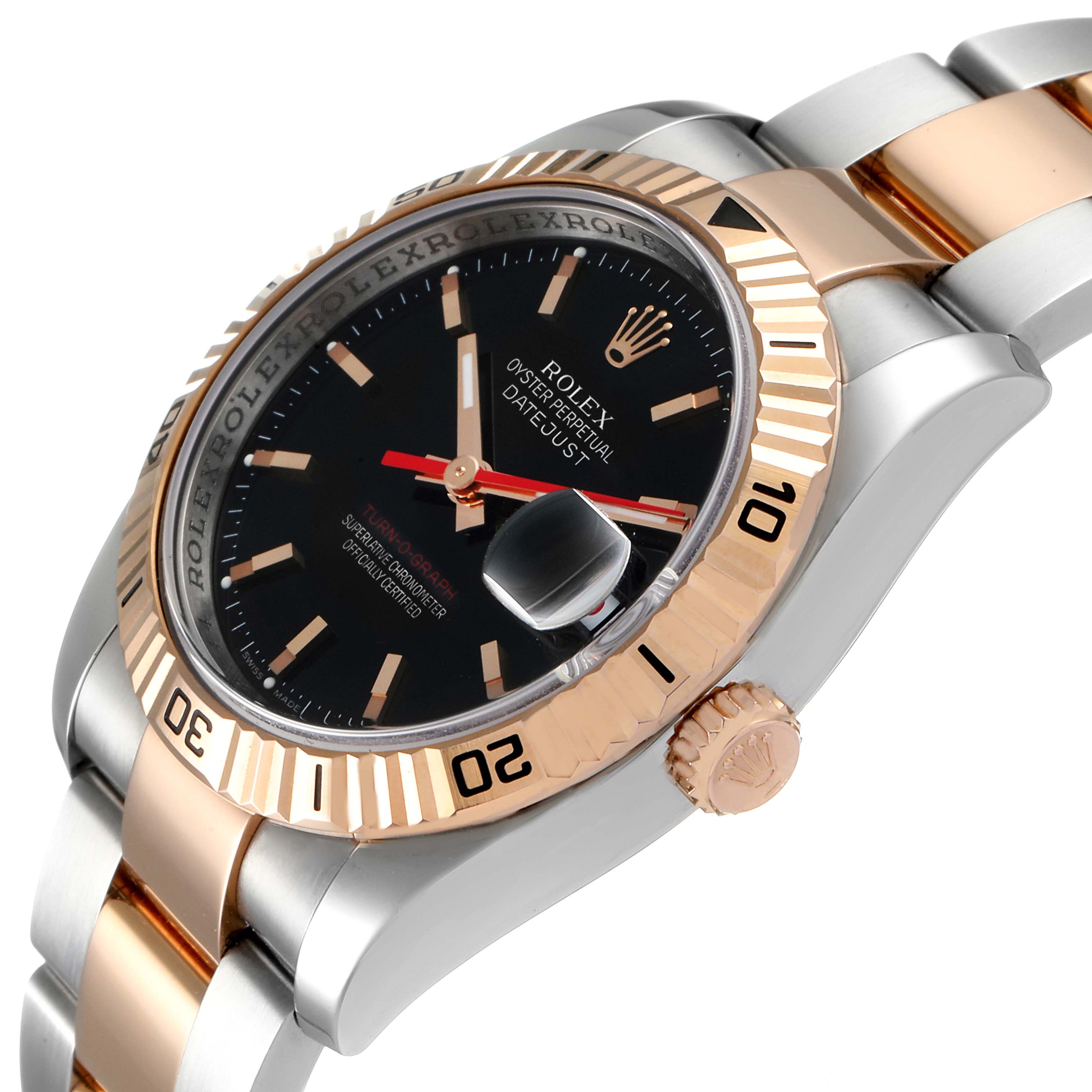 This image shows a side-angle view of the Rolex Turn-o-Graph 116261 Men's Steel and Gold (two tone) Black Dial 116261 Men's Steel and Gold (two tone) Black Dial, highlighting the bezel, dial, crown, and band.