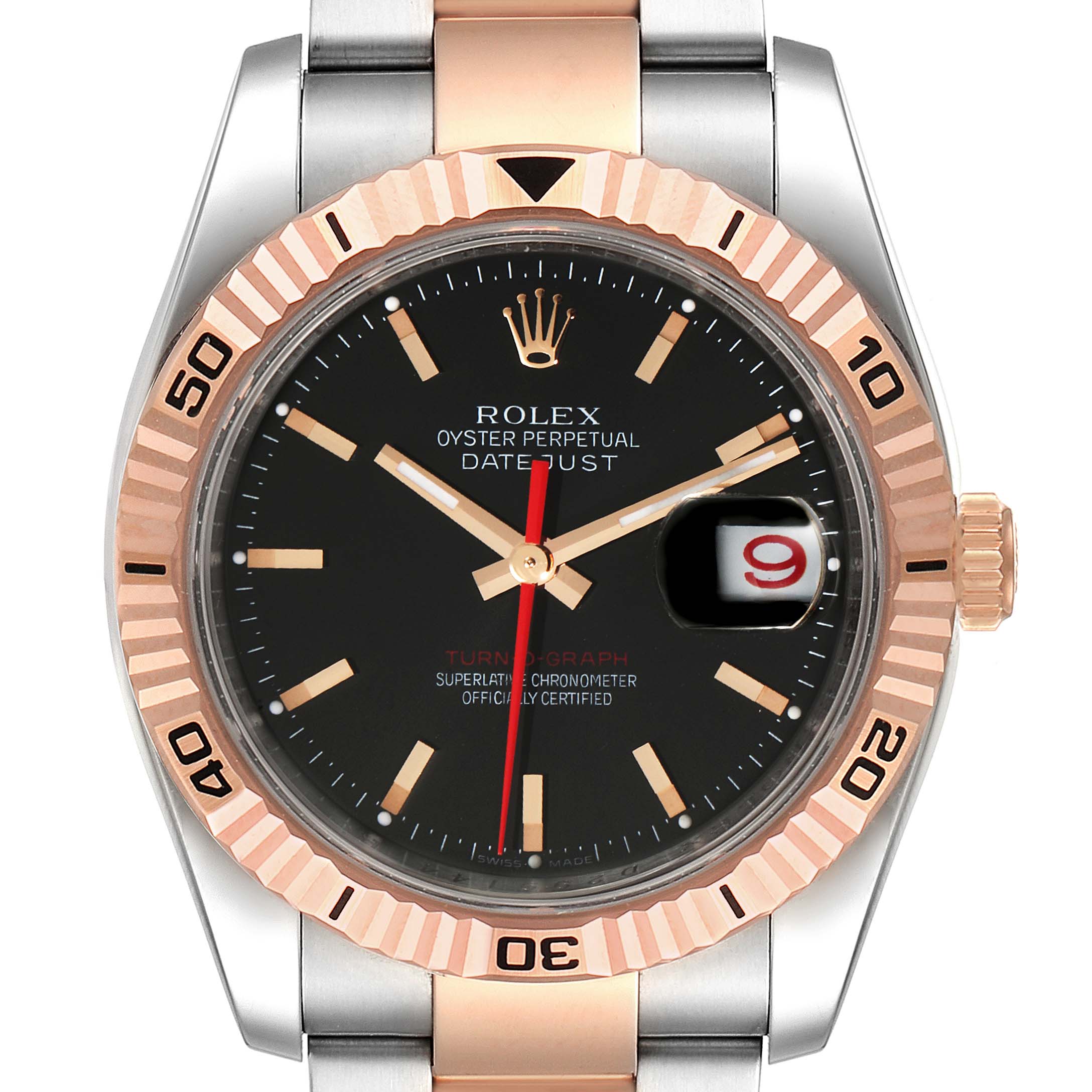 The image shows a front view of the Rolex Turn-o-Graph 116261 Men's Steel and Gold (two tone) Black Dial 116261 Men's Steel and Gold (two tone) Black Dial watch, highlighting the dial, bezel, hands, crown, and part of the bracelet.