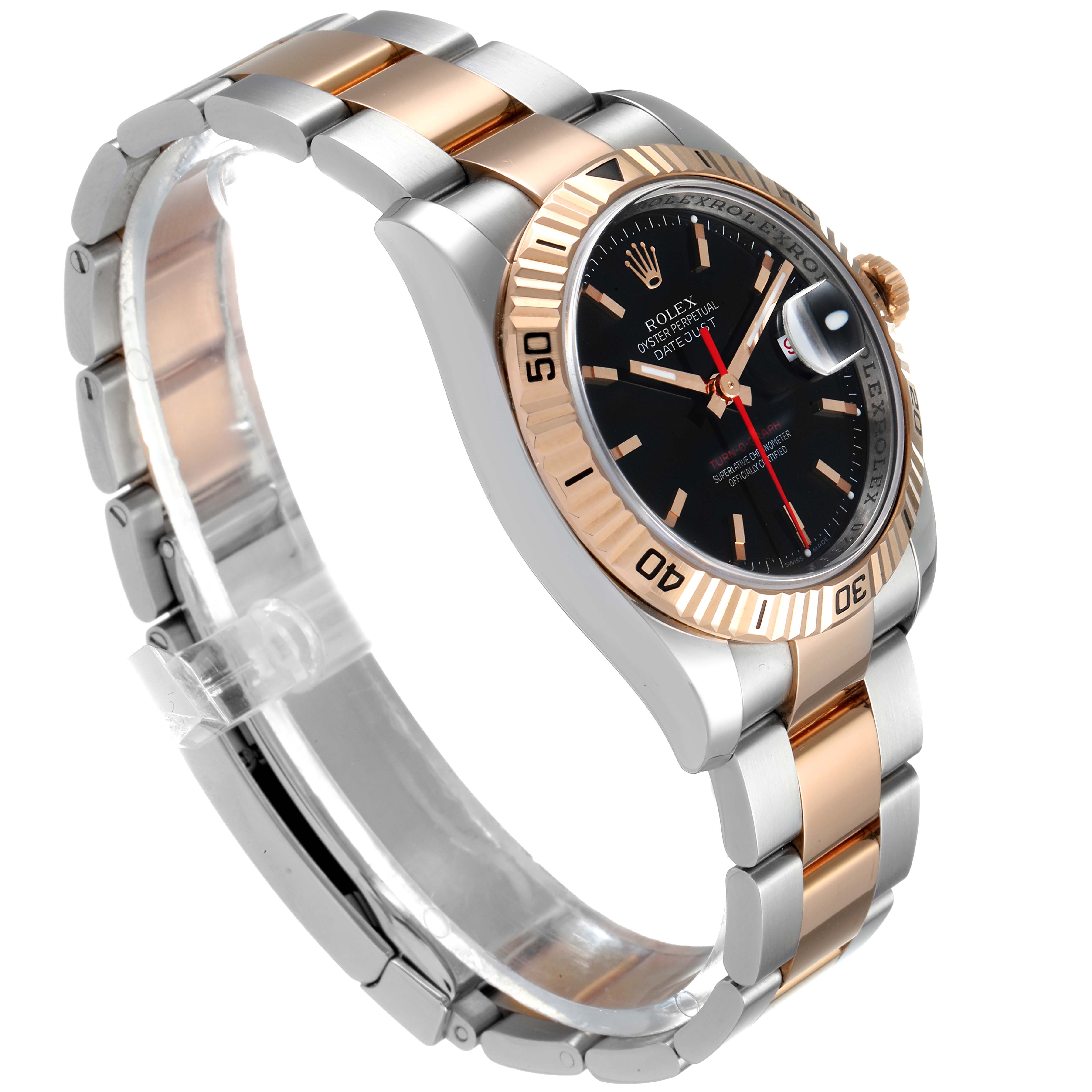The image shows a side angle of the Rolex Turn-o-Graph 116261 Men's Steel and Gold (two tone) Black Dial 116261 Men's Steel and Gold (two tone) Black Dial model, highlighting the gold and silver bracelet, black dial, and rotating bezel.