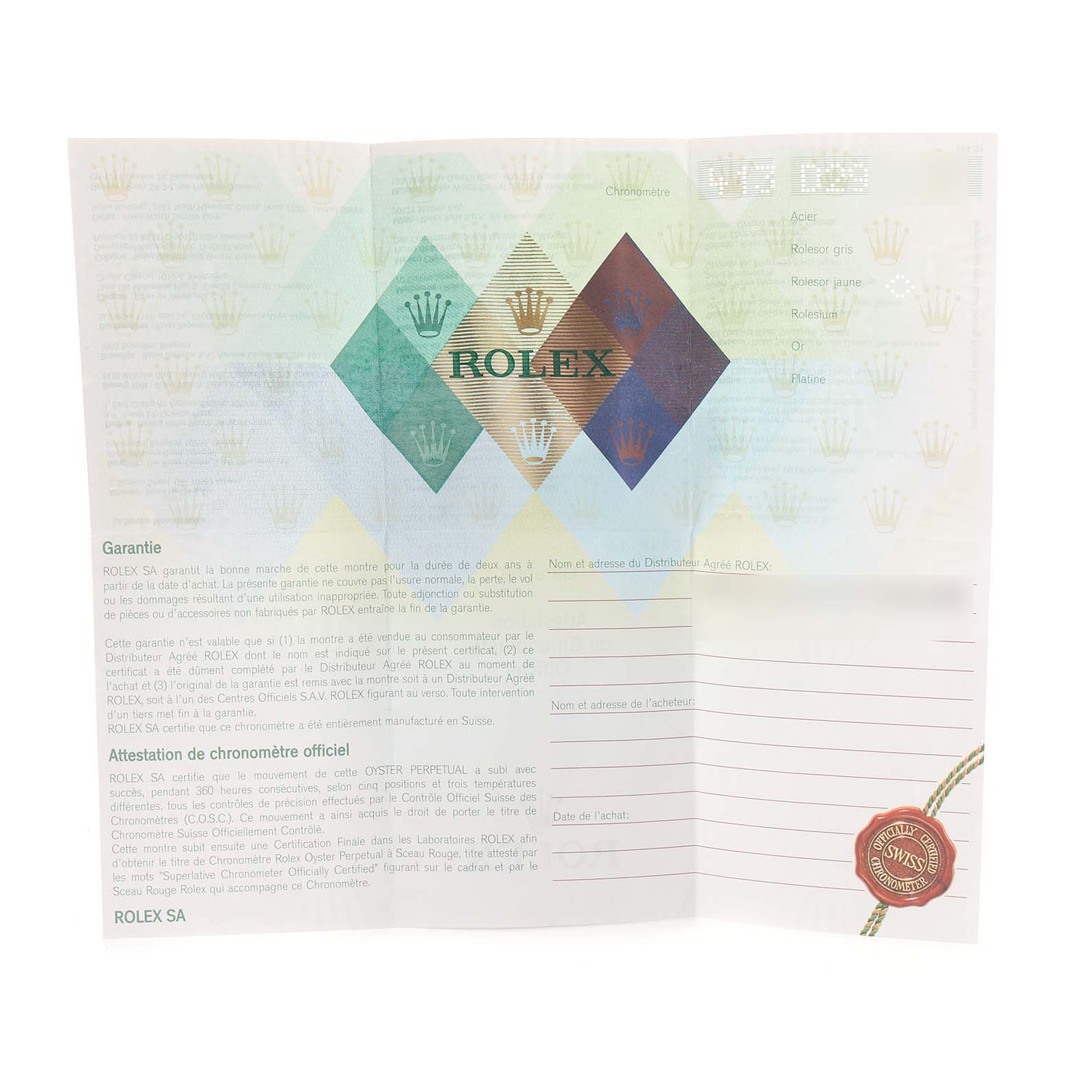 The image shows the warranty card for a Turn-o-Graph model by Rolex, displaying text and a decorative seal.