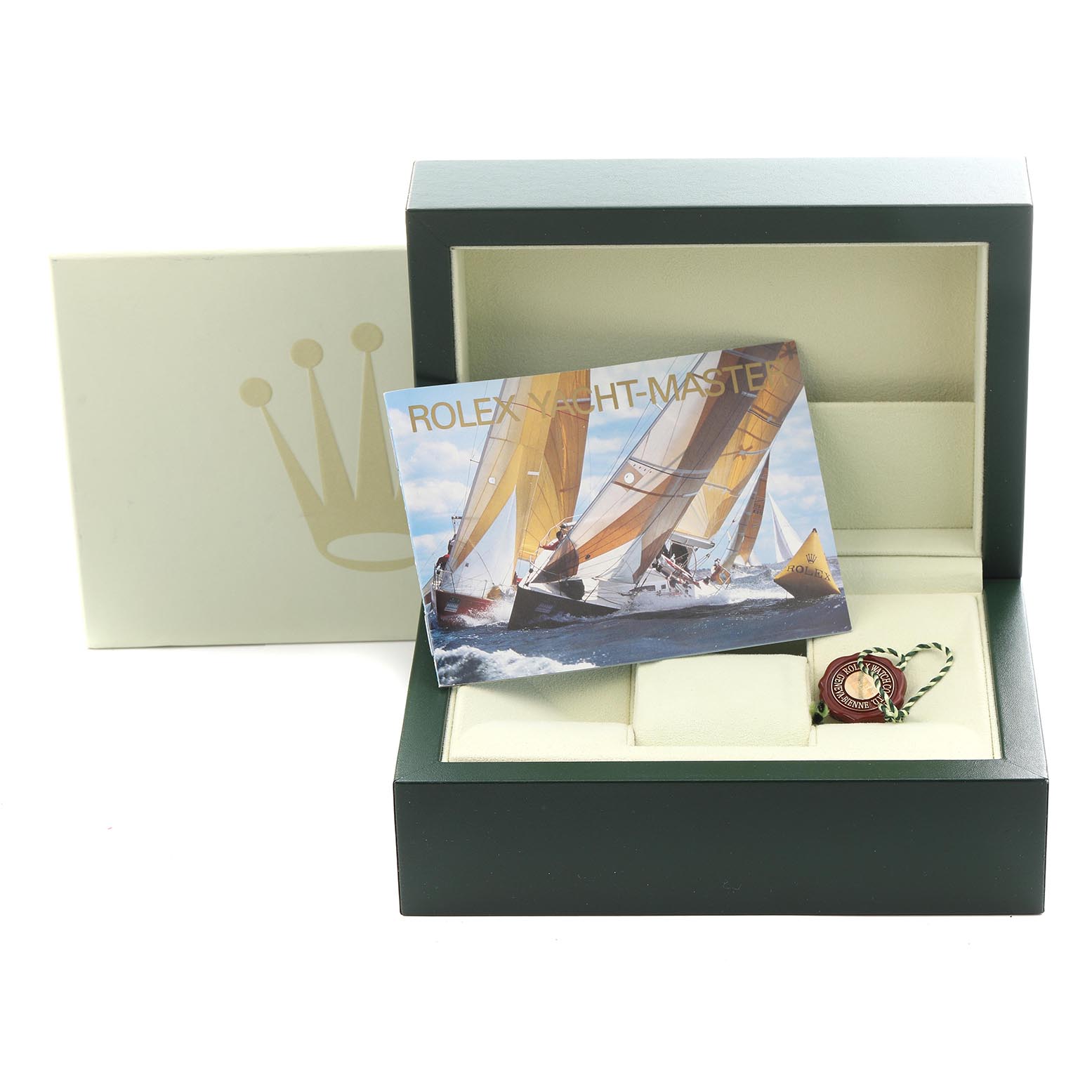 The image shows the packaging and accessories for a Rolex Yacht-Master 16623 Men
s Steel and Gold (two tone) Blue Dial 16623 Men
s Steel and Gold (two tone) Blue Dial, including the box, tag, and booklet.