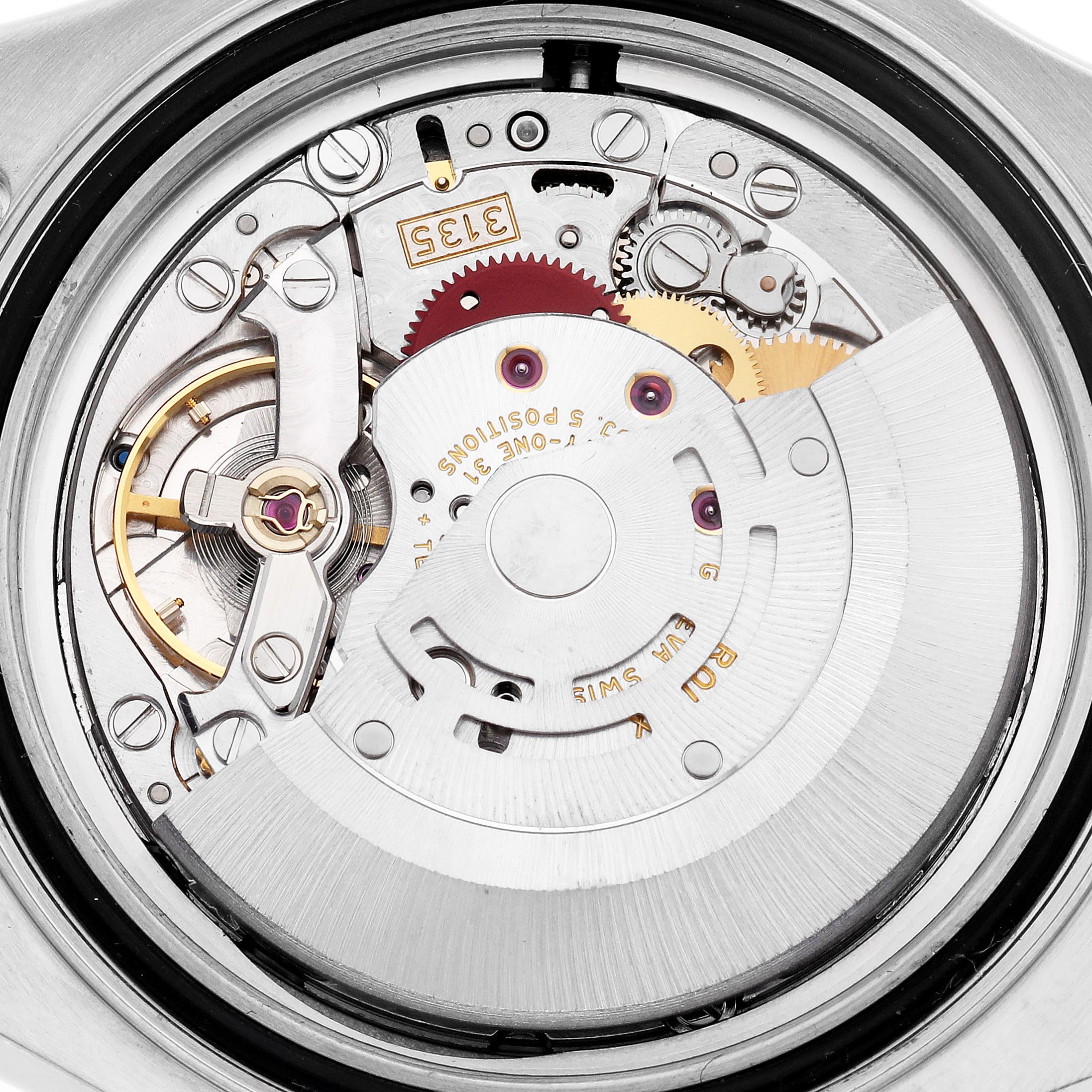 This image shows the movement mechanism of a Rolex Yacht-Master 16623 Men
s Steel and Gold (two tone) Blue Dial 16623 Men
s Steel and Gold (two tone) Blue Dial viewed from the back, highlighting gears and components.