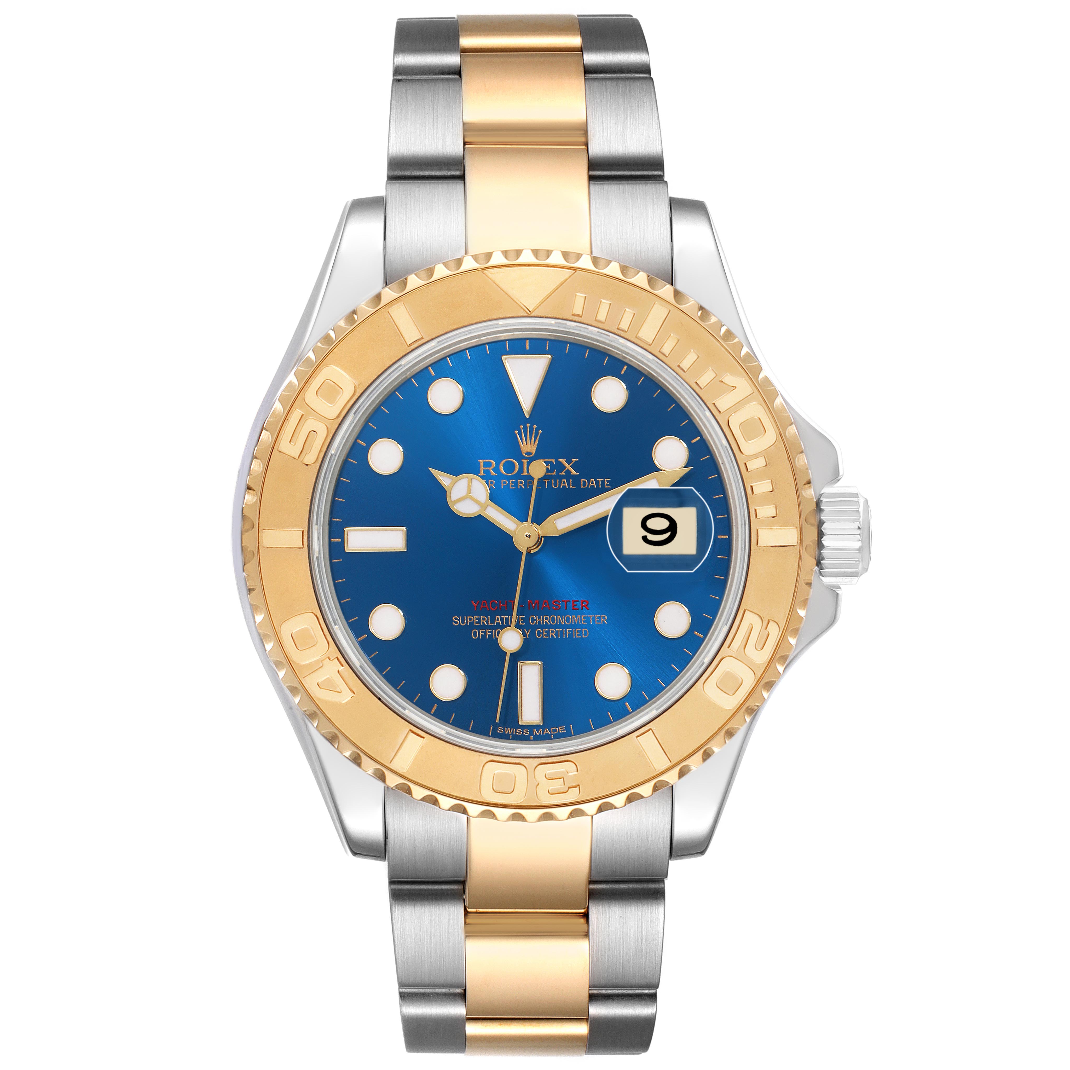 The Rolex Yacht-Master 16623 Men
s Steel and Gold (two tone) Blue Dial 16623 Men
s Steel and Gold (two tone) Blue Dial watch is shown from a front angle, displaying the dial, bezel, and bracelet.
