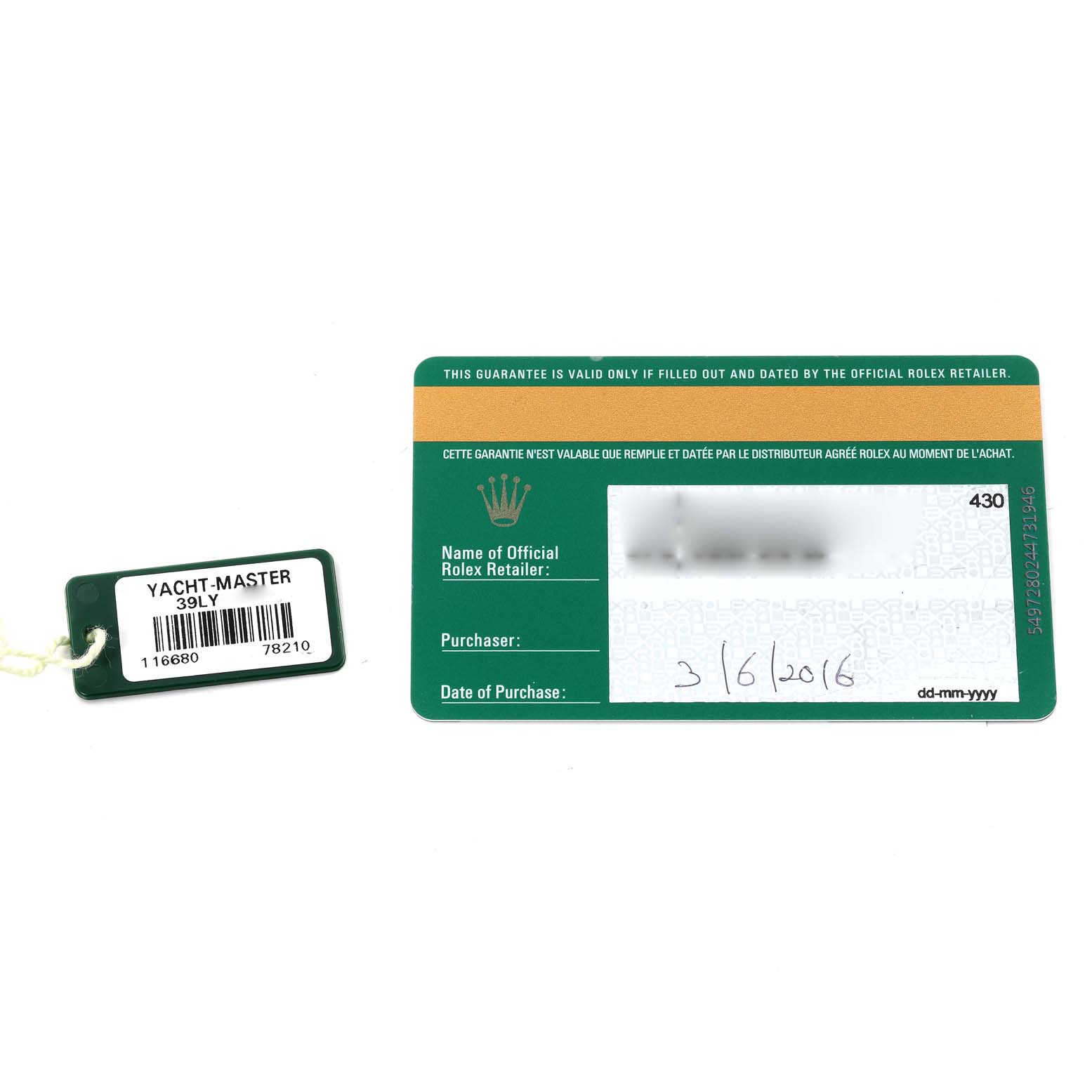 The image shows a green tag with "YACHT-MASTER" and a warranty card for the Rolex Yacht-Master 116680 Men's Stainless Steel White Dial 116680 Men's Stainless Steel White Dial watch.