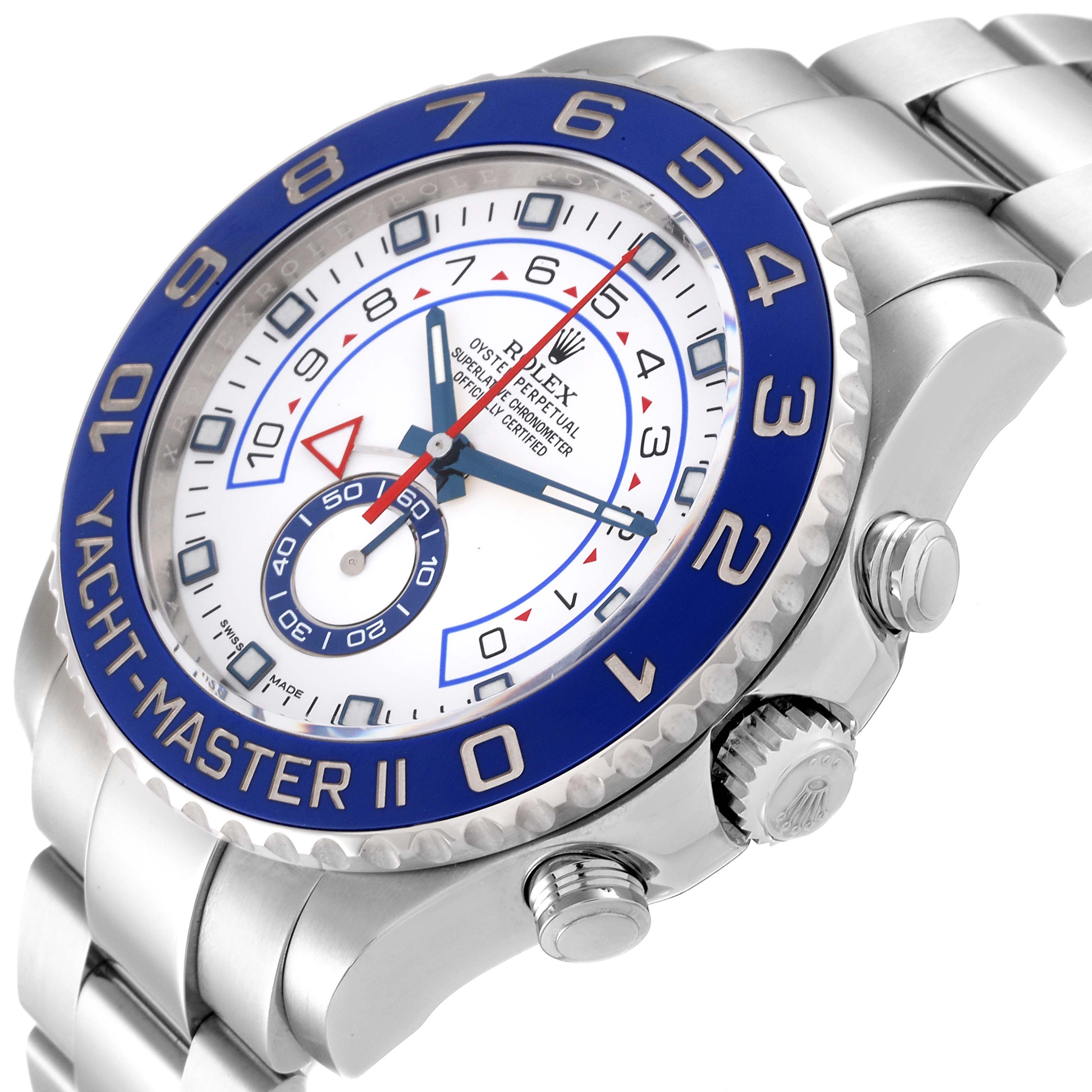 This Rolex Yacht-Master 116680 Men's Stainless Steel White Dial 116680 Men's Stainless Steel White Dial watch is shown at an angle highlighting the bezel, dial, crown, and part of the bracelet.