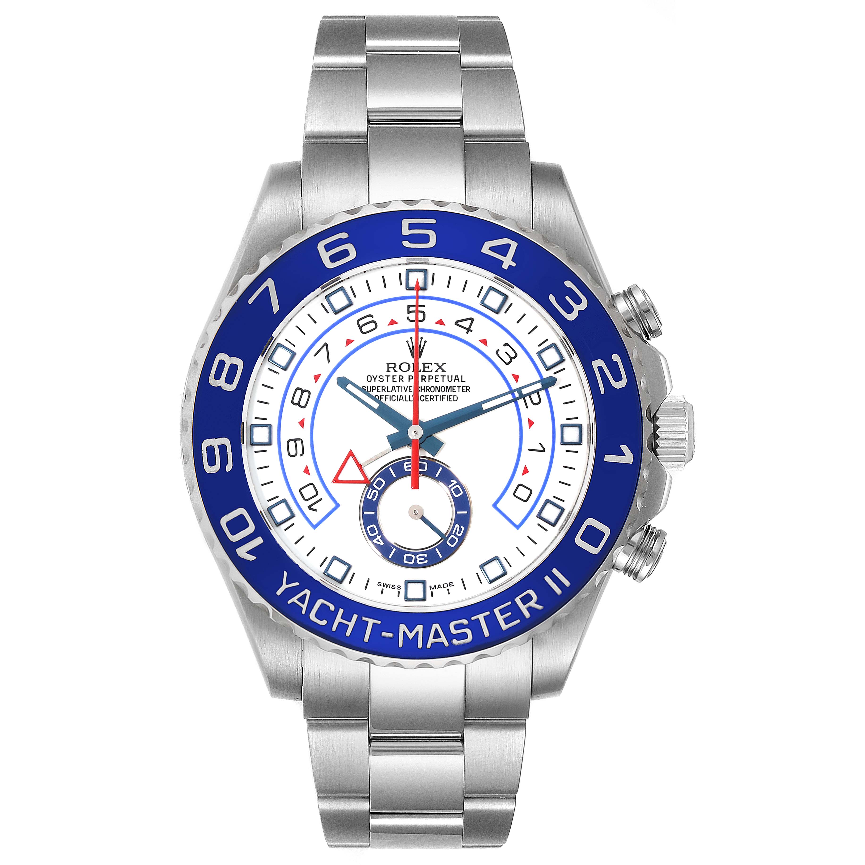 The Rolex Yacht-Master 116680 Men's Stainless Steel White Dial 116680 Men's Stainless Steel White Dial II watch is shown from a front angle, displaying its face, bezel, and bracelet.