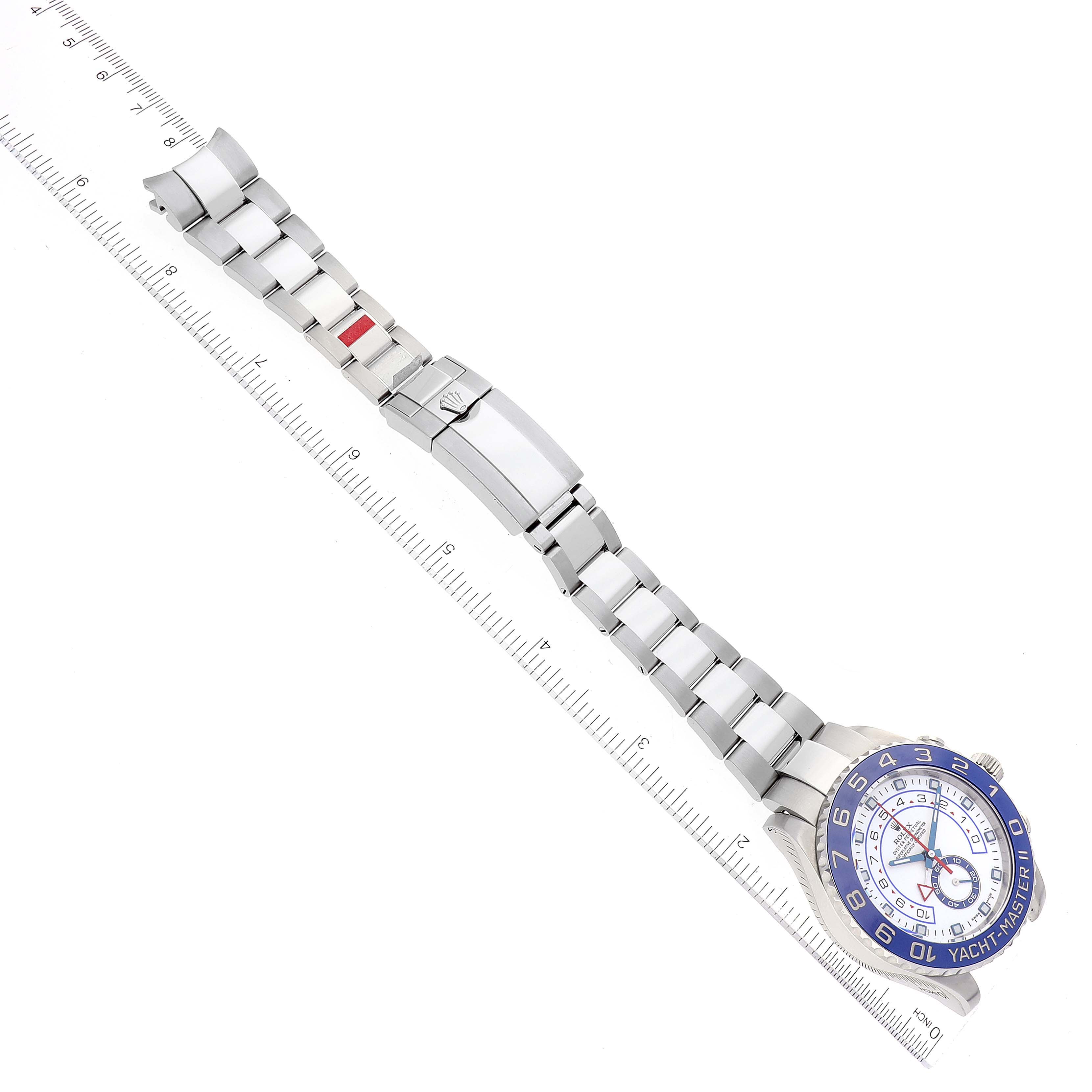 The Rolex Yacht-Master 116680 Men's Stainless Steel White Dial 116680 Men's Stainless Steel White Dial watch is shown horizontally with the bracelet fully extended and the face and clasp visible.
