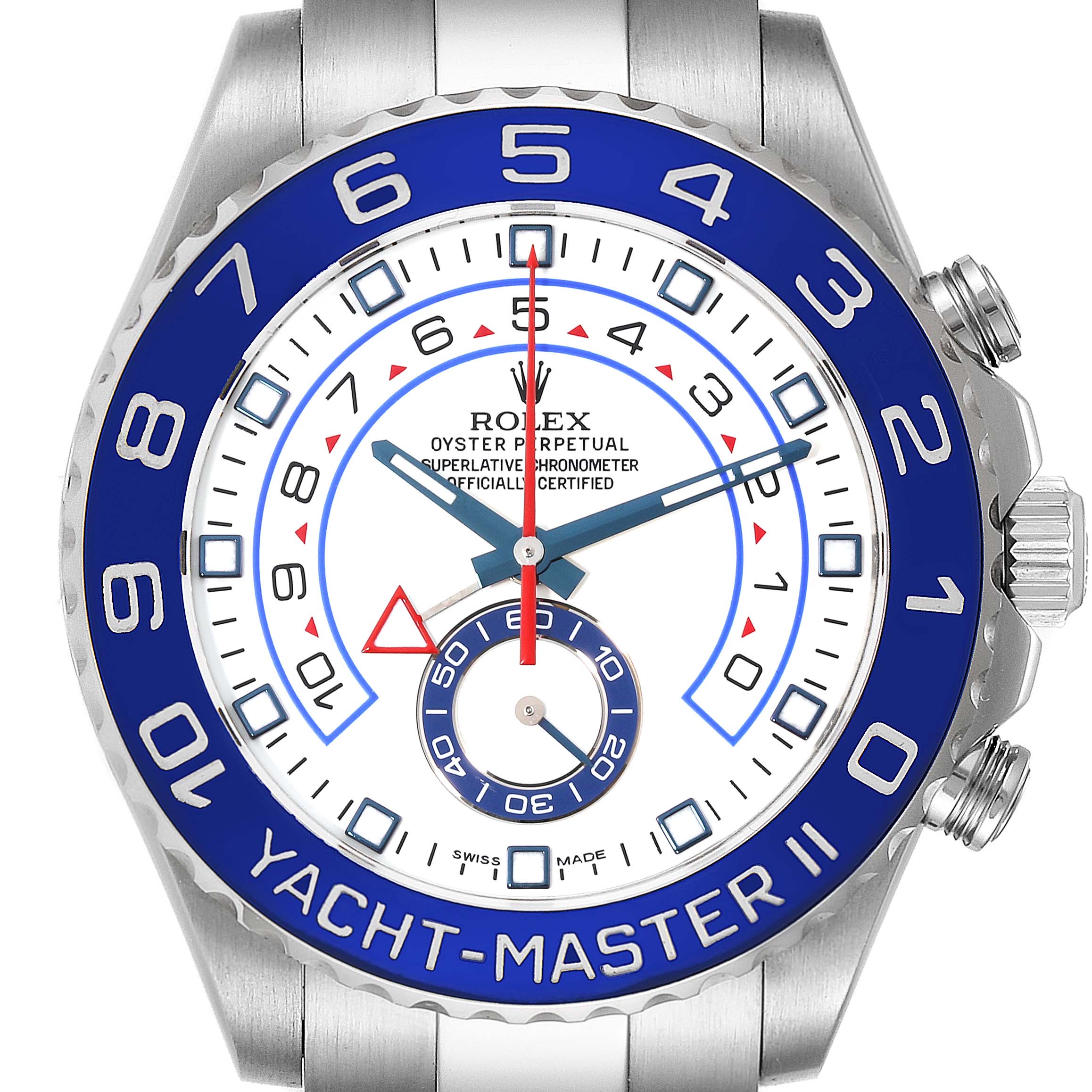 The image shows a frontal view of the Rolex Yacht-Master 116680 Men's Stainless Steel White Dial 116680 Men's Stainless Steel White Dial II watch, highlighting its bezel, dial, and crown.