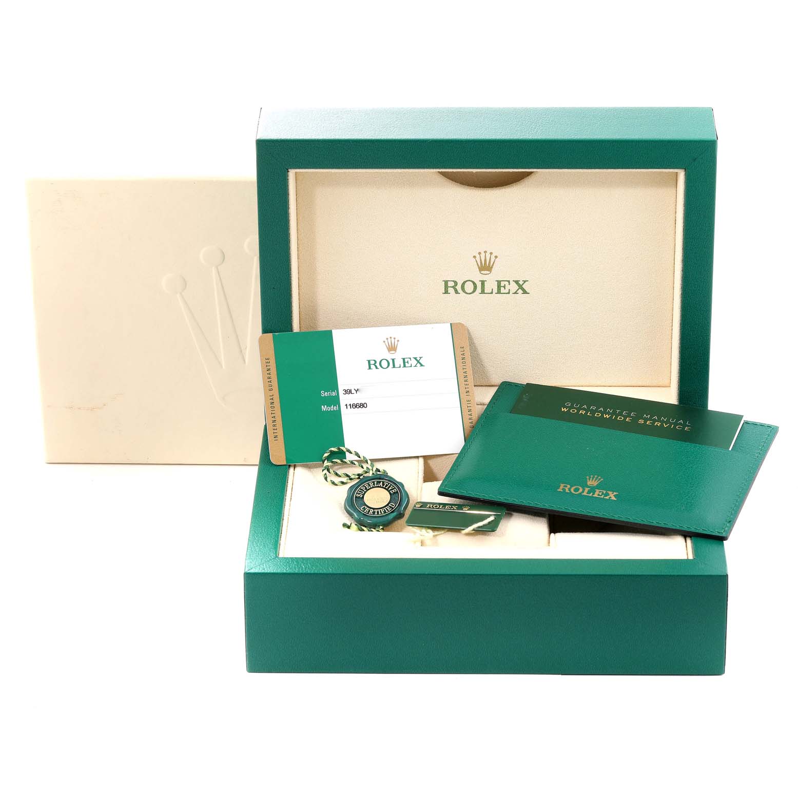 This image shows accessories for a Rolex Yacht-Master 116680 Men's Stainless Steel White Dial 116680 Men's Stainless Steel White Dial, including a box, manual, guarantee card, and tags, viewed from above.