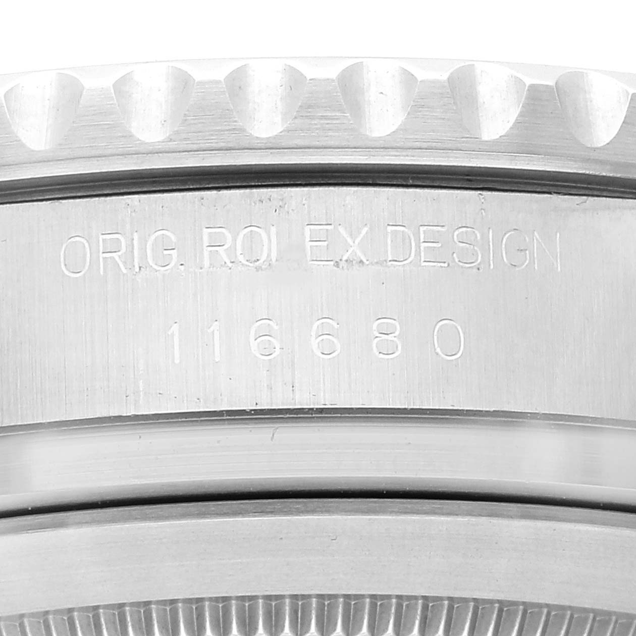 This image shows a close-up of the case back of a Rolex Yacht-Master 116680 Men's Stainless Steel White Dial 116680 Men's Stainless Steel White Dial watch, highlighting the engraving and model number 116680.
