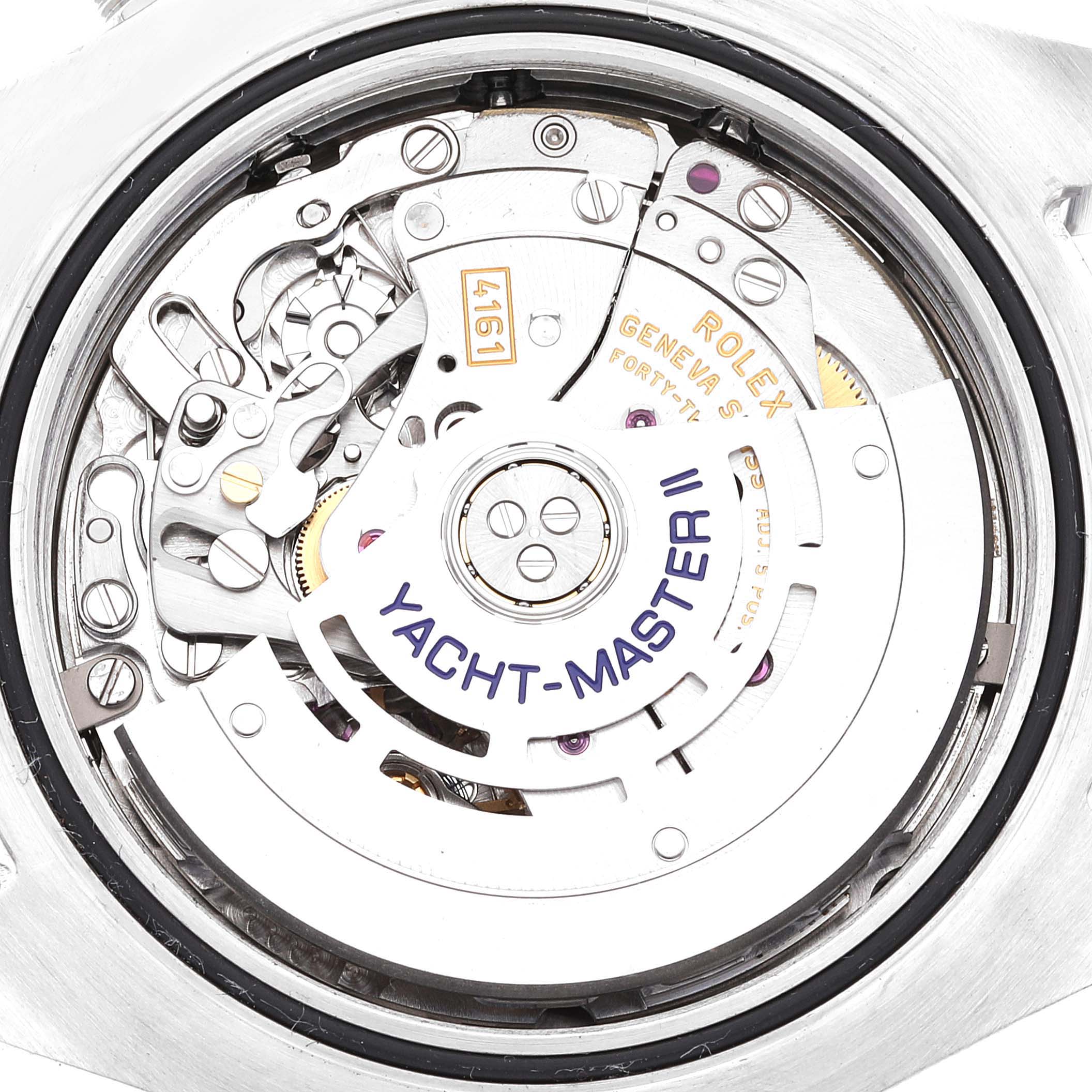 This image shows the internal mechanism of a Rolex Yacht-Master 116680 Men's Stainless Steel White Dial 116680 Men's Stainless Steel White Dial II watch, captured from the back.