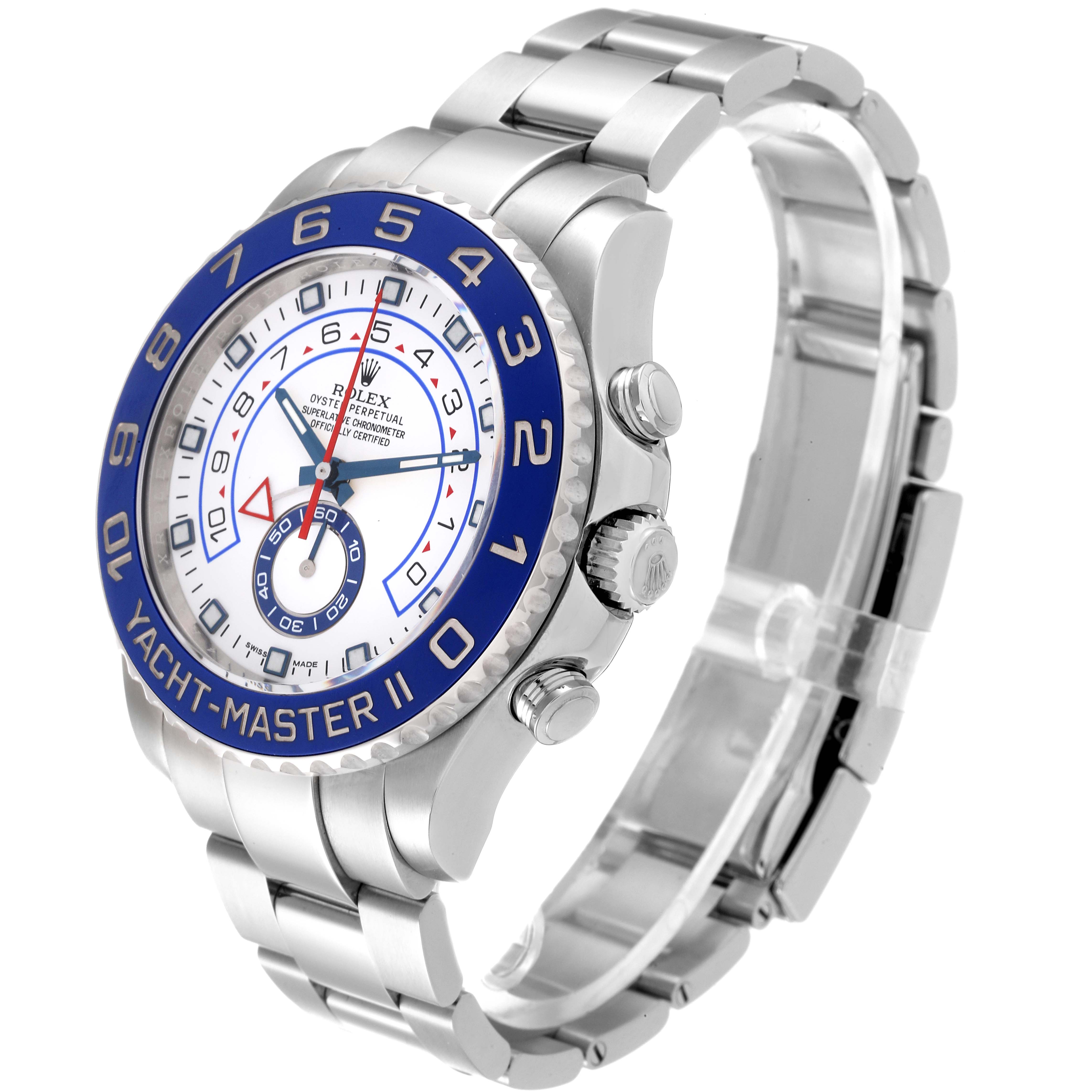 The image shows a Rolex Yacht-Master 116680 Men's Stainless Steel White Dial 116680 Men's Stainless Steel White Dial II watch at a three-quarter angle, highlighting the bezel, dial, and bracelet.