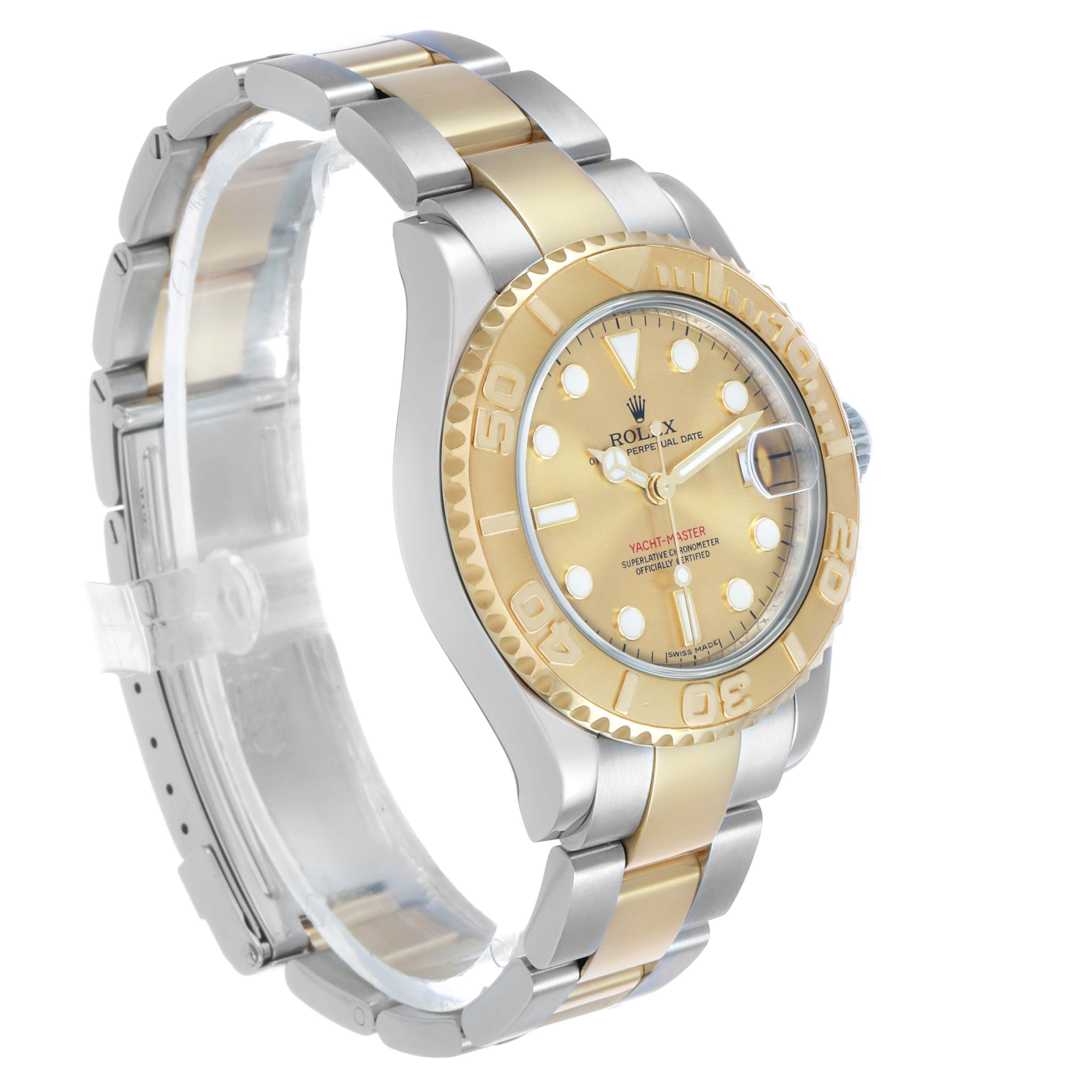 The Rolex Yacht-Master 168623 Men's Steel and Gold (two tone) Champagne Dial watch is shown at a three-quarter angle, displaying the face, bezel, and part of the bracelet.