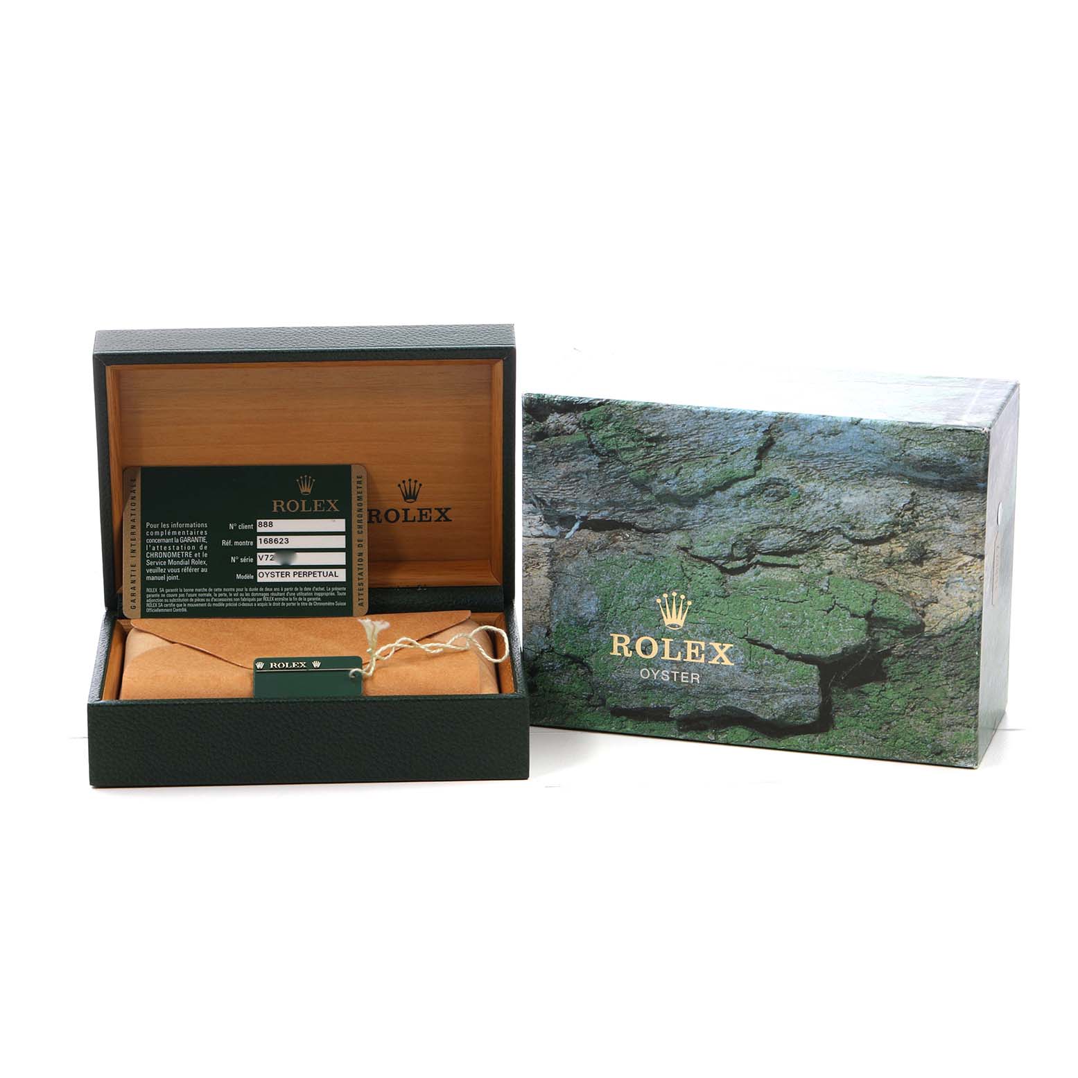 The image shows the packaging and accessories of the Rolex Yacht-Master 168623 Men's Steel and Gold (two tone) Champagne Dial with an open box, warranty card, and outer box.