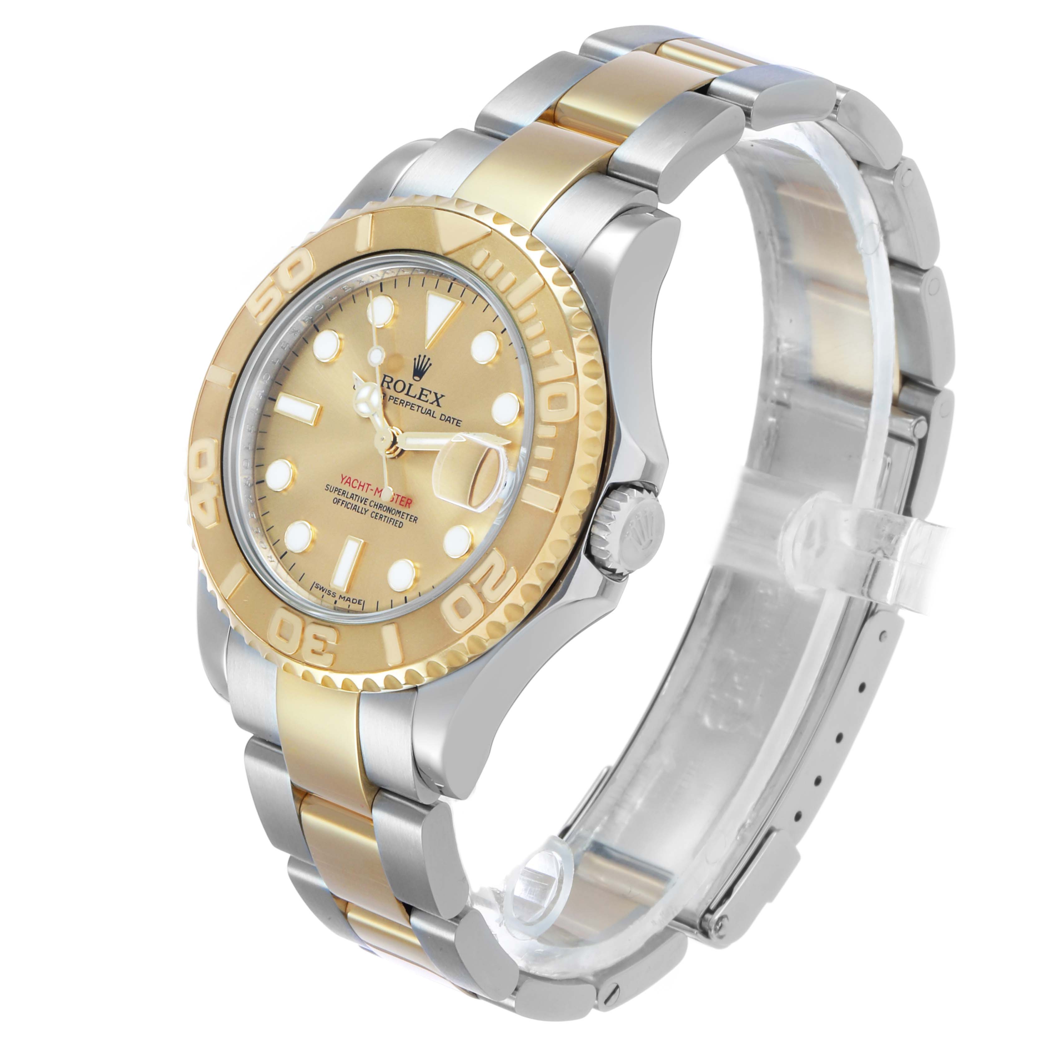 The Rolex Yacht-Master 168623 Men's Steel and Gold (two tone) Champagne Dial watch is shown at a three-quarter angle, highlighting the bezel, face, crown, and two-tone bracelet.