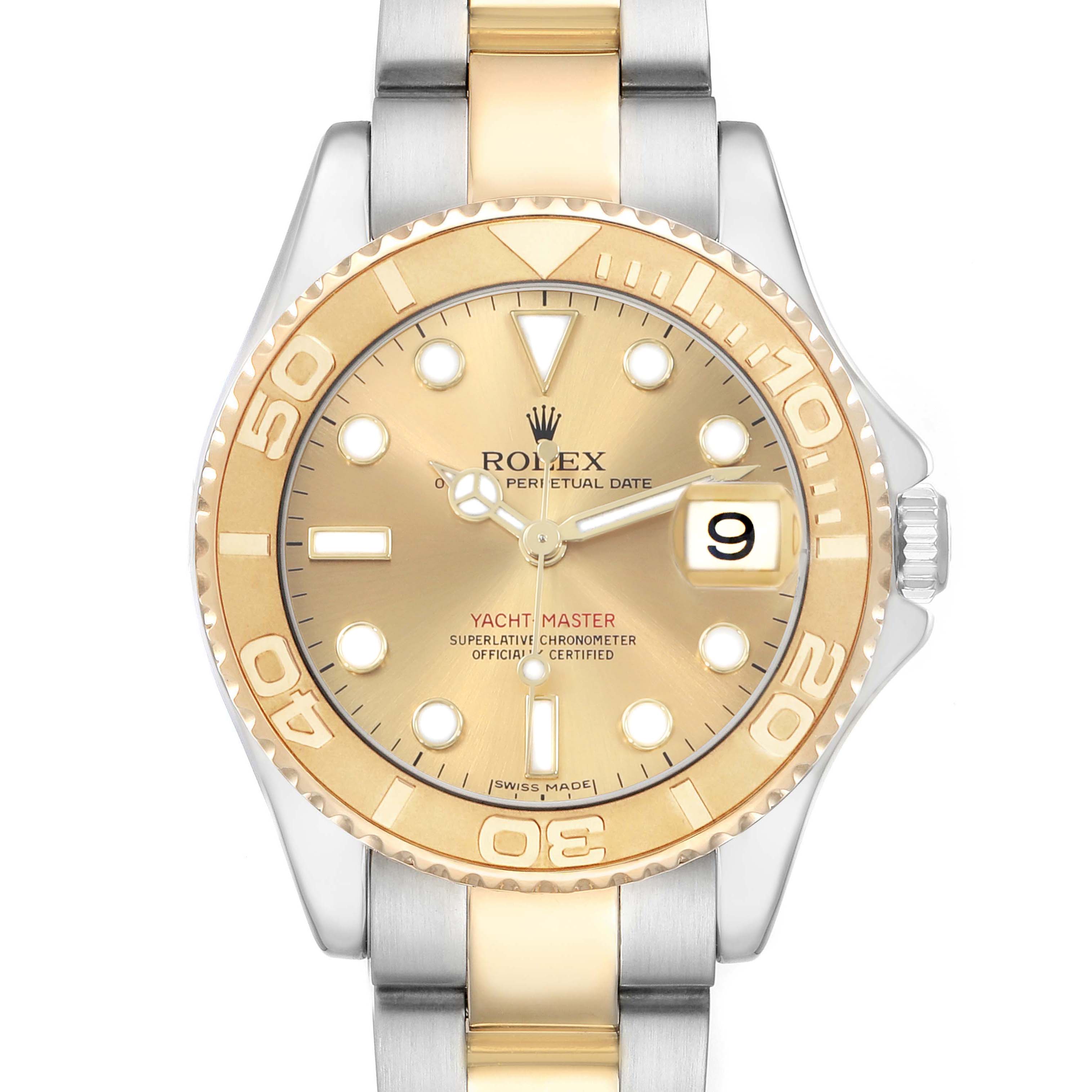 The Rolex Yacht-Master 168623 Men's Steel and Gold (two tone) Champagne Dial watch is shown from the front, displaying the face, bezel, and part of the bracelet.