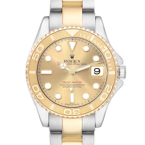 The Rolex Yacht-Master 168623 Men's Steel and Gold (two tone) Champagne Dial watch is shown from a top-down angle, highlighting the bezel, dial, and bracelet.