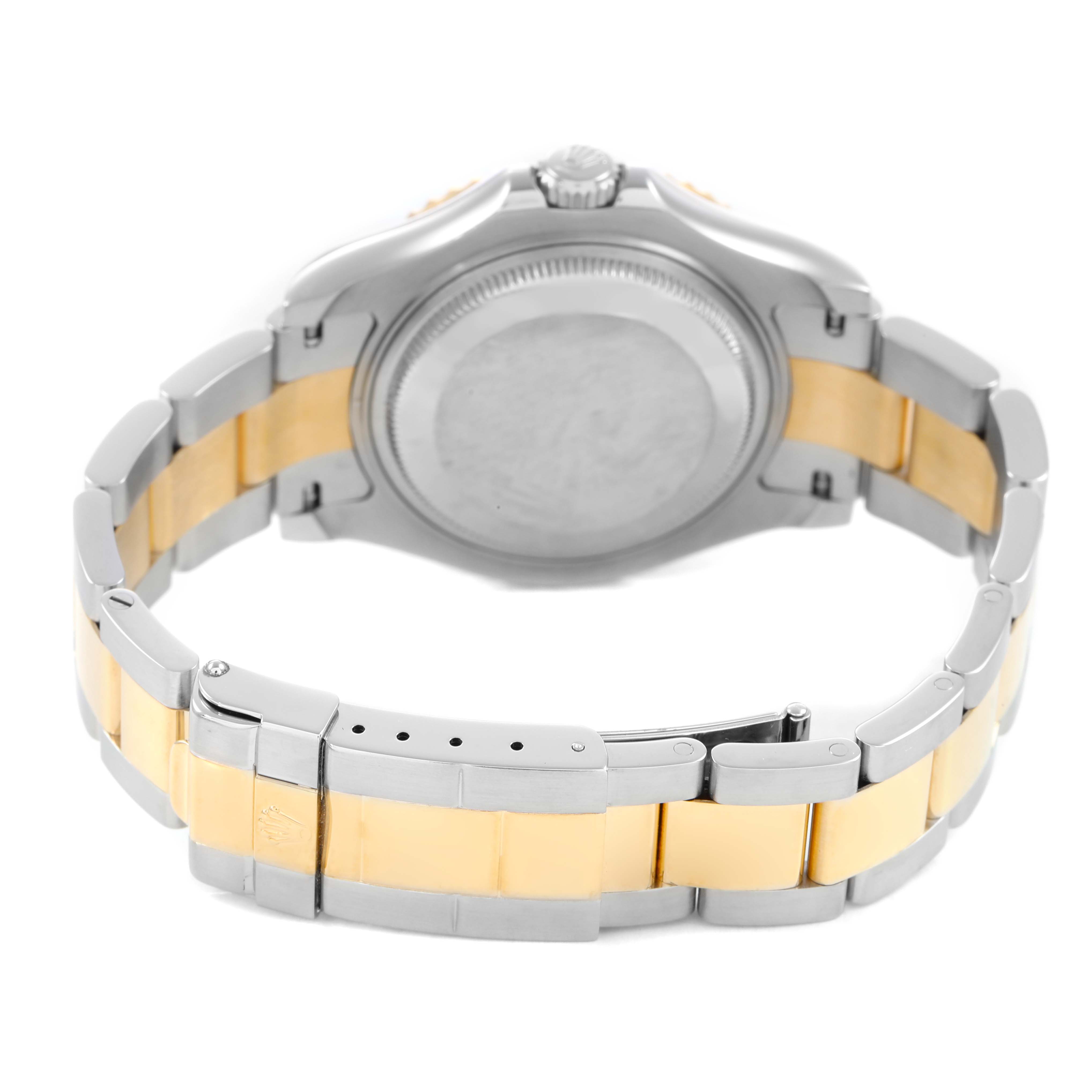 The image shows the back view of a Rolex Yacht-Master 168623 Men's Steel and Gold (two tone) Champagne Dial watch, highlighting its two-tone bracelet and closed clasp.